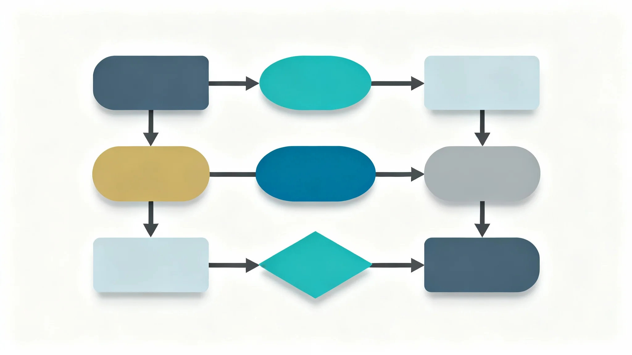 A minimalist flowchart demonstrating a professional color scheme with shades of blue, teal, and a yellow accent, set against a plain white background.