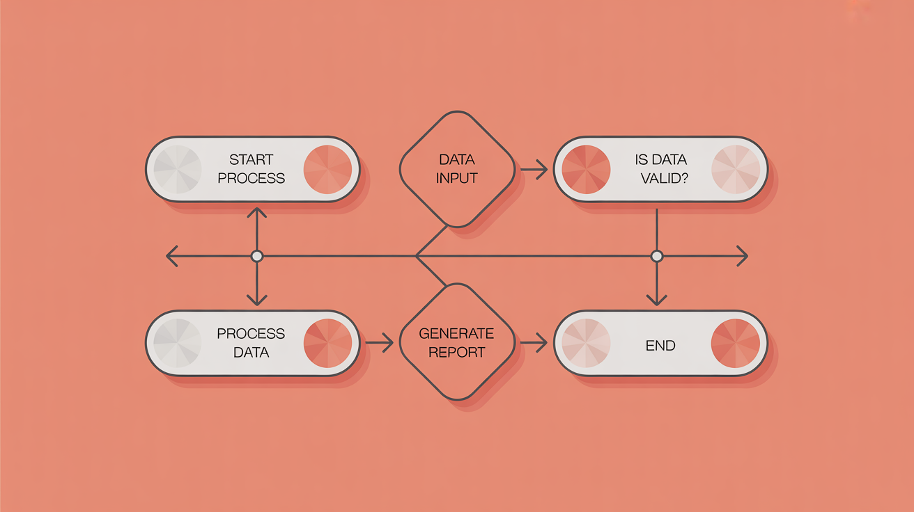 A modern flowchart with a professional color scheme of teal, blue, and coral, demonstrating an organized process flow on a white background.