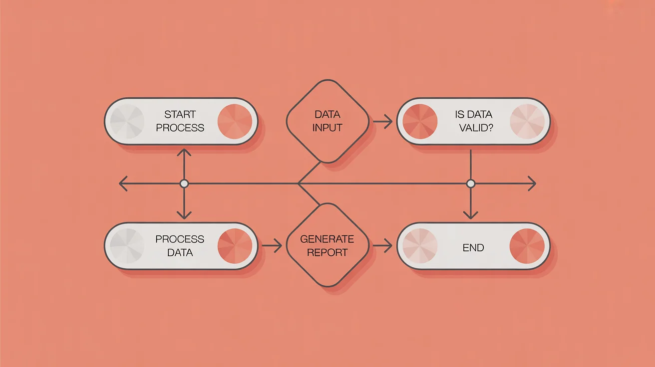 A modern flowchart with a professional color scheme of teal, blue, and coral, demonstrating an organized process flow on a white background.