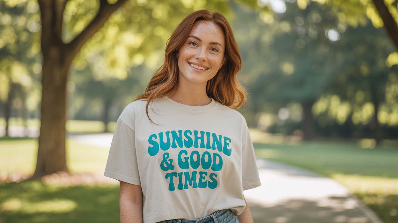 A woman wearing a t-shirt with the correctly oriented text 'Sunshine & Good Times', demonstrating the final result of using an unmirror image tool.