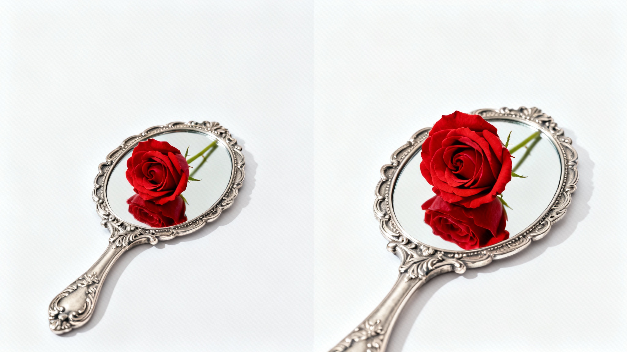 A side-by-side comparison of a rose's reflection in a mirror. The left image shows a backward, mirrored reflection, while the right image shows the corrected, unmirrored reflection, illustrating the concept of unmirroring an image.