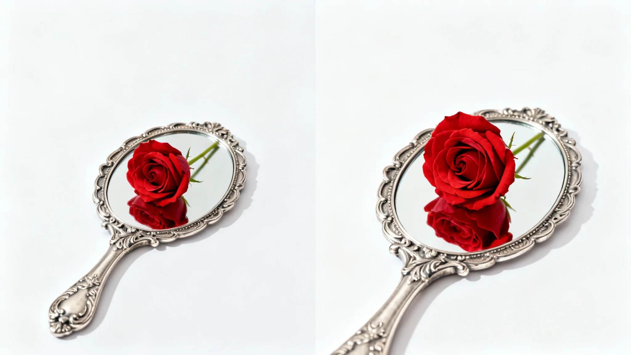 A side-by-side comparison of a rose's reflection in a mirror. The left image shows a backward, mirrored reflection, while the right image shows the corrected, unmirrored reflection, illustrating the concept of unmirroring an image.