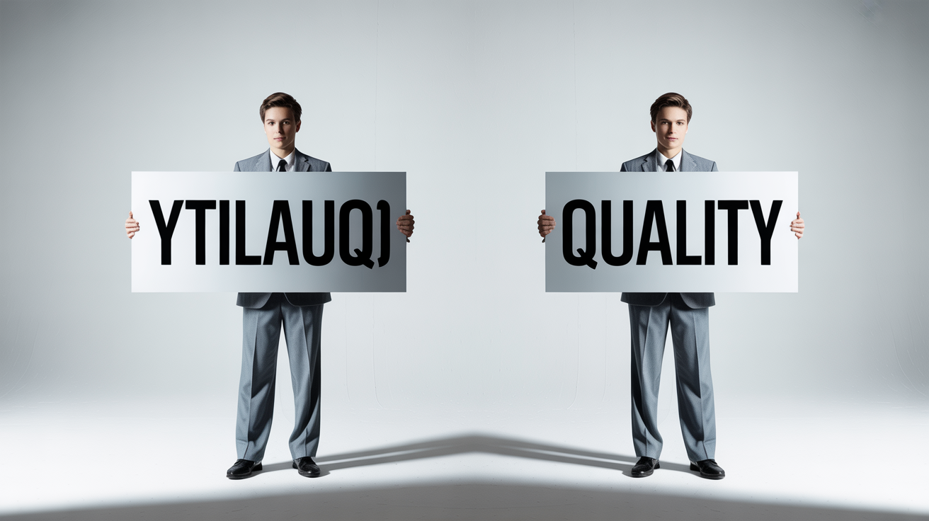 A conceptual photo showing the effect of unmirroring an image. The picture is split vertically; the right side shows a person holding a sign that reads 'QUALITY', while the left side is a mirror image, showing the text backwards.