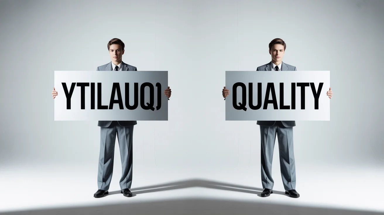 A conceptual photo showing the effect of unmirroring an image. The picture is split vertically; the right side shows a person holding a sign that reads 'QUALITY', while the left side is a mirror image, showing the text backwards.