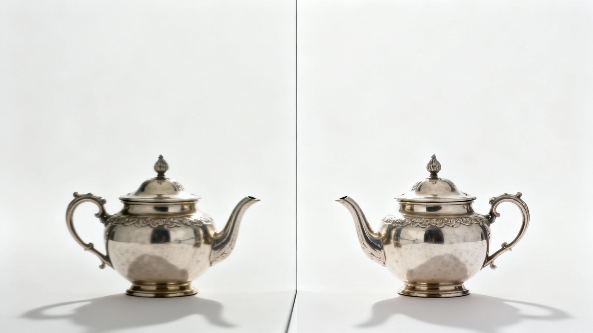 A conceptual image demonstrating an unmirror effect. A photo of a teapot is split in two; the left side is a mirror image, and the right side is the corrected, unmirrored version, shown against a plain white background.