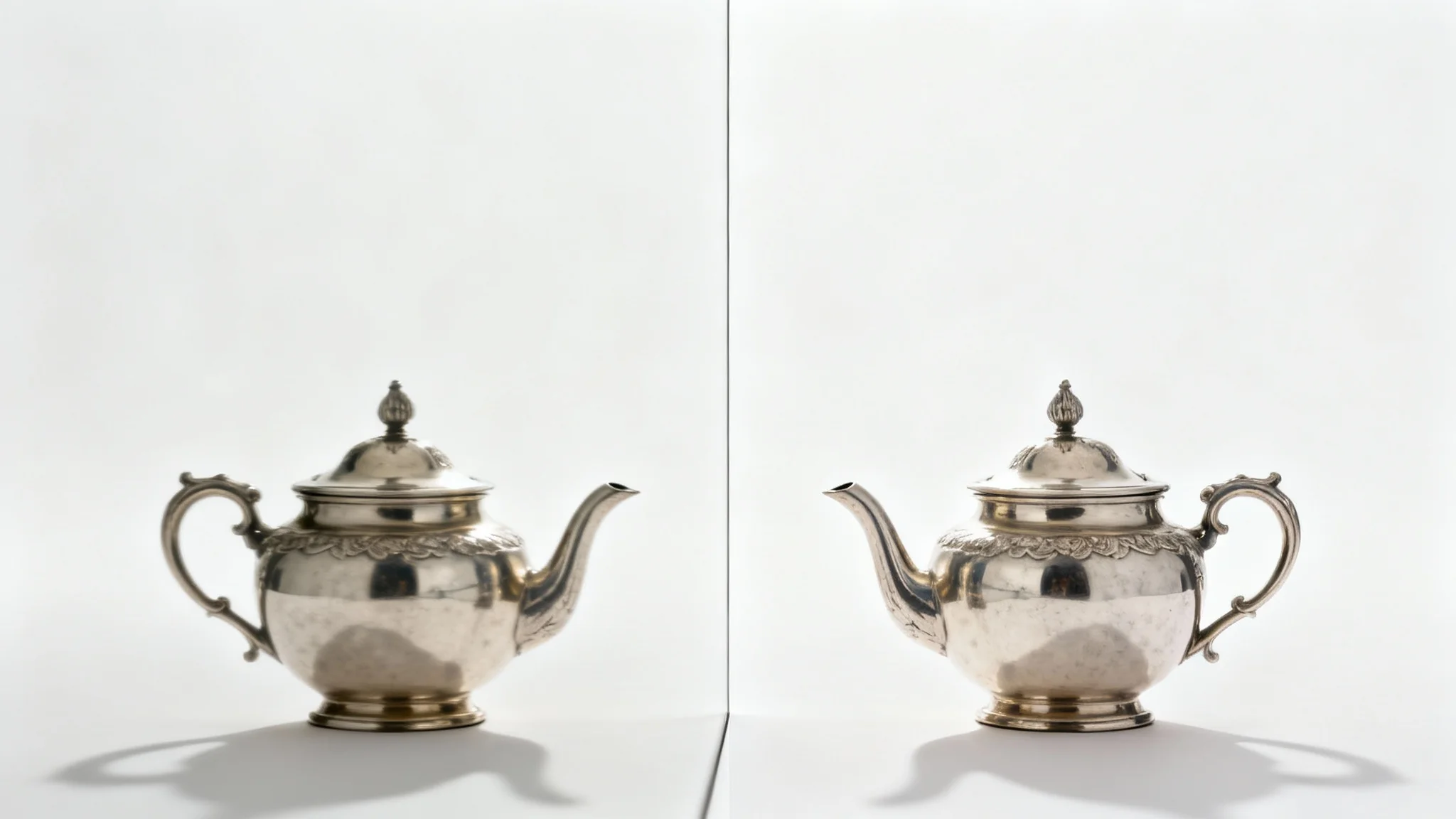 A conceptual image demonstrating an unmirror effect. A photo of a teapot is split in two; the left side is a mirror image, and the right side is the corrected, unmirrored version, shown against a plain white background.