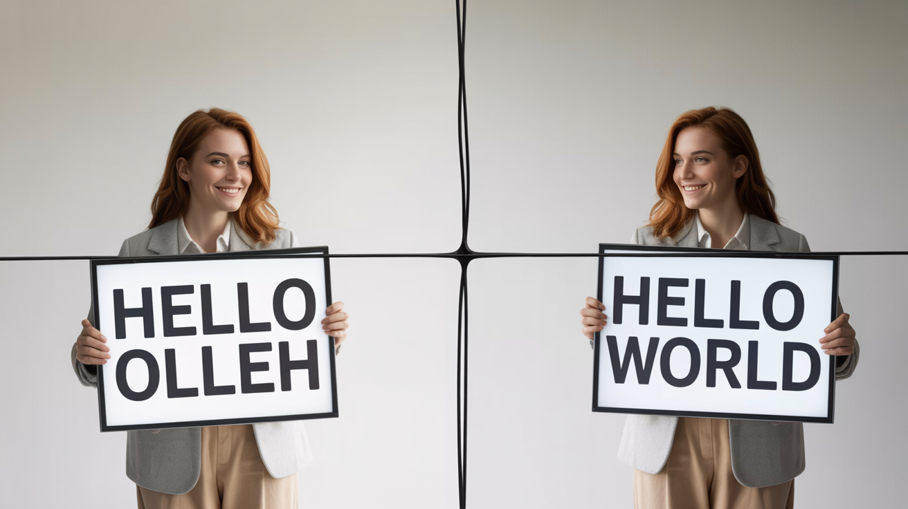 A split-screen comparison image showing the effect of unmirroring a photo. The left side is a mirrored image of a person holding a sign with backward text, while the right side shows the corrected image with the text 'HELLO WORLD' reading correctly.