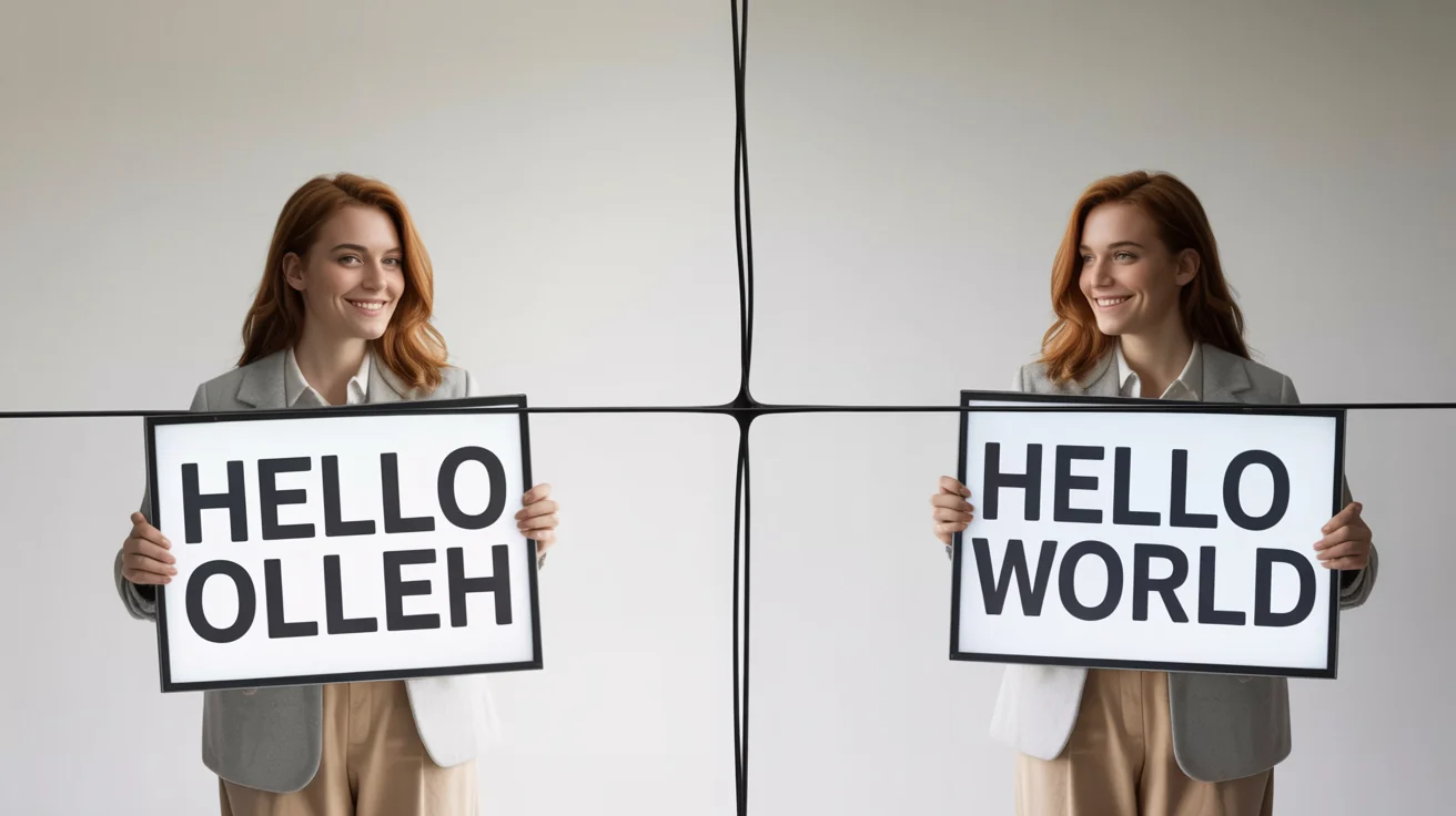 A split-screen comparison image showing the effect of unmirroring a photo. The left side is a mirrored image of a person holding a sign with backward text, while the right side shows the corrected image with the text 'HELLO WORLD' reading correctly.