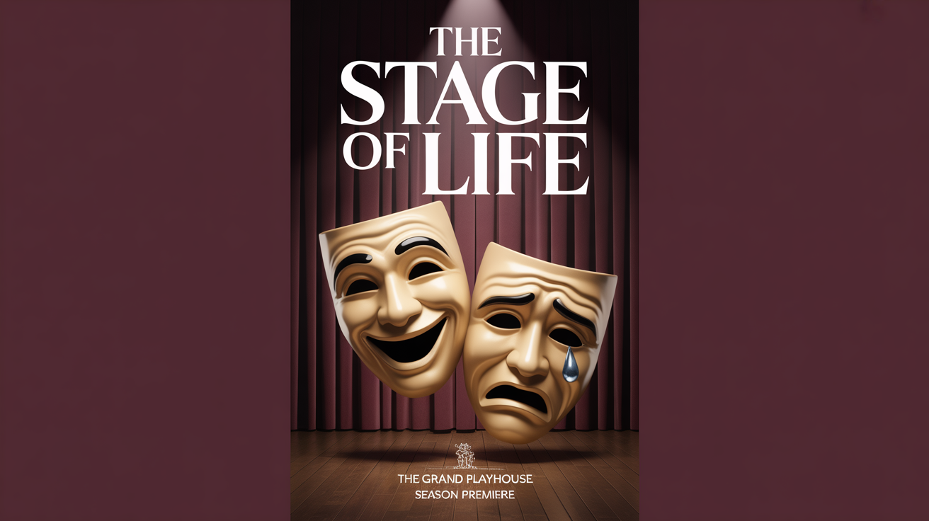 A professionally designed theatre poster featuring vibrant comedy and tragedy masks. The background is dark and dramatic, with elegant text announcing a fictional theatre event, showcasing a polished final design.