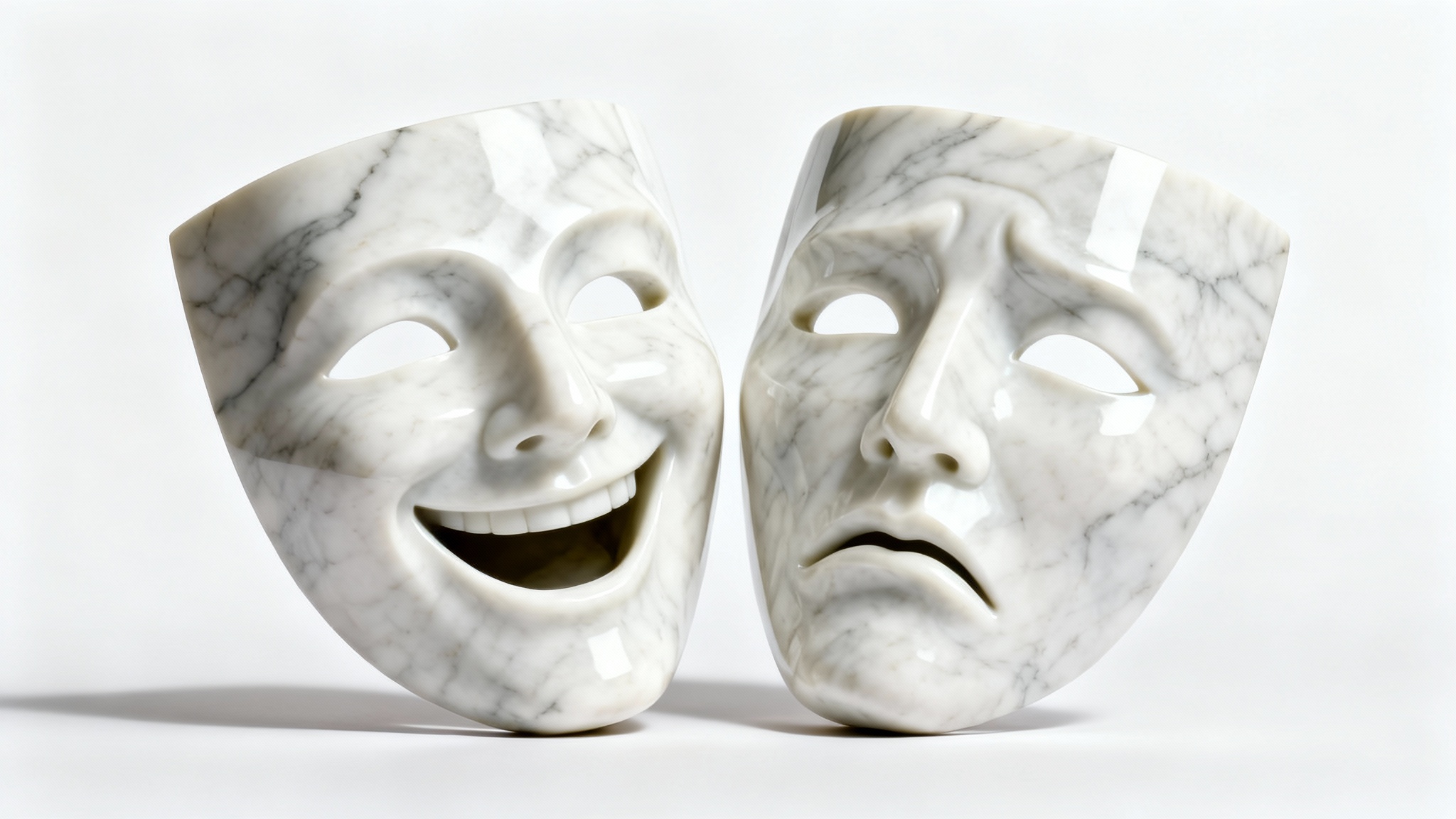 A photorealistic mockup of the classic comedy and tragedy theatre masks, made of polished white material and set against a solid white background.