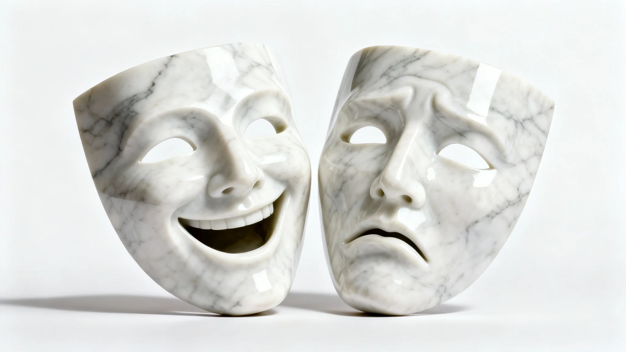 A photorealistic mockup of the classic comedy and tragedy theatre masks, made of polished white material and set against a solid white background.