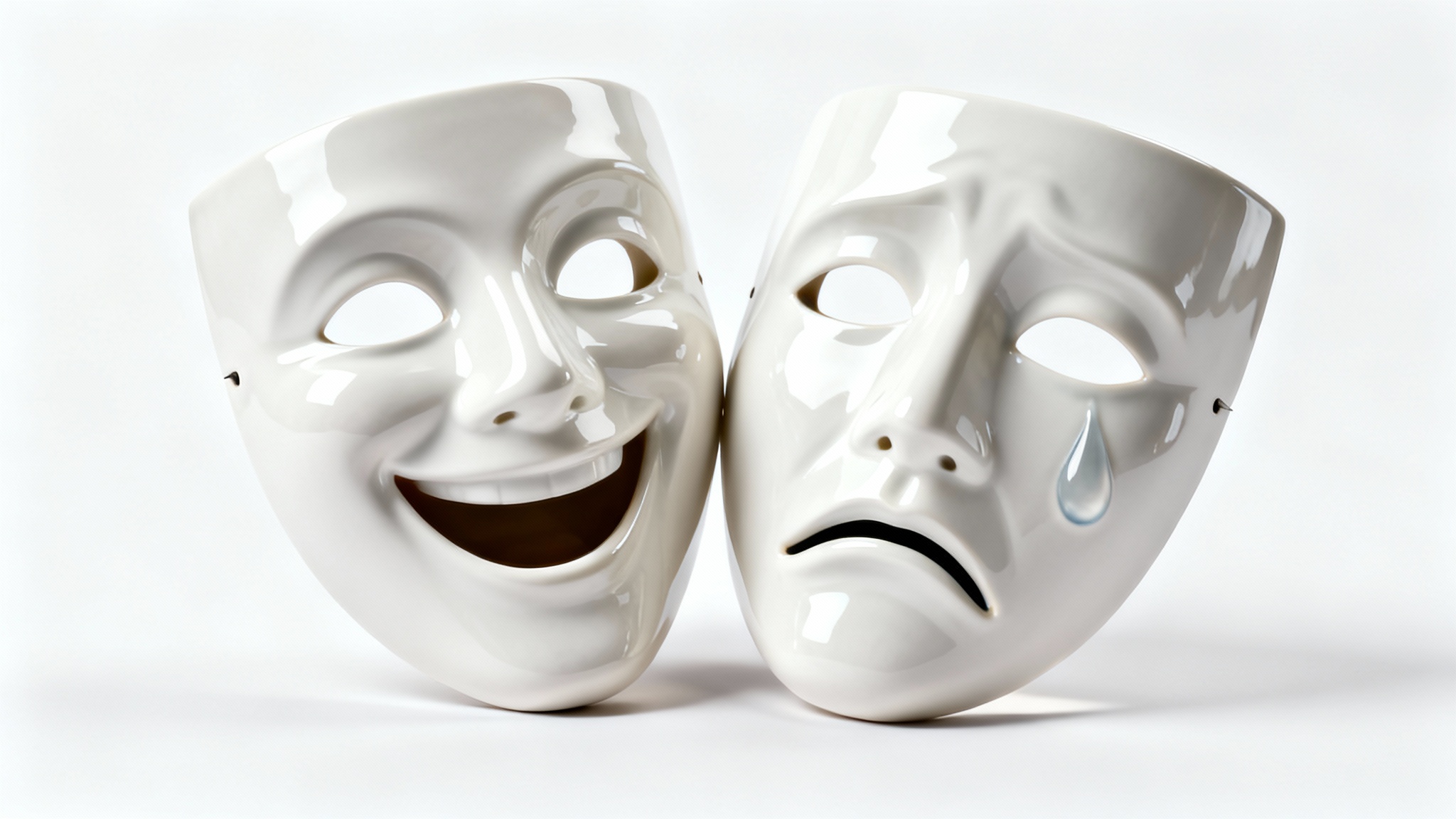 A studio-lit product photograph of the classic comedy and tragedy theatre masks, made of glossy white material, displayed side-by-side on a plain white background.