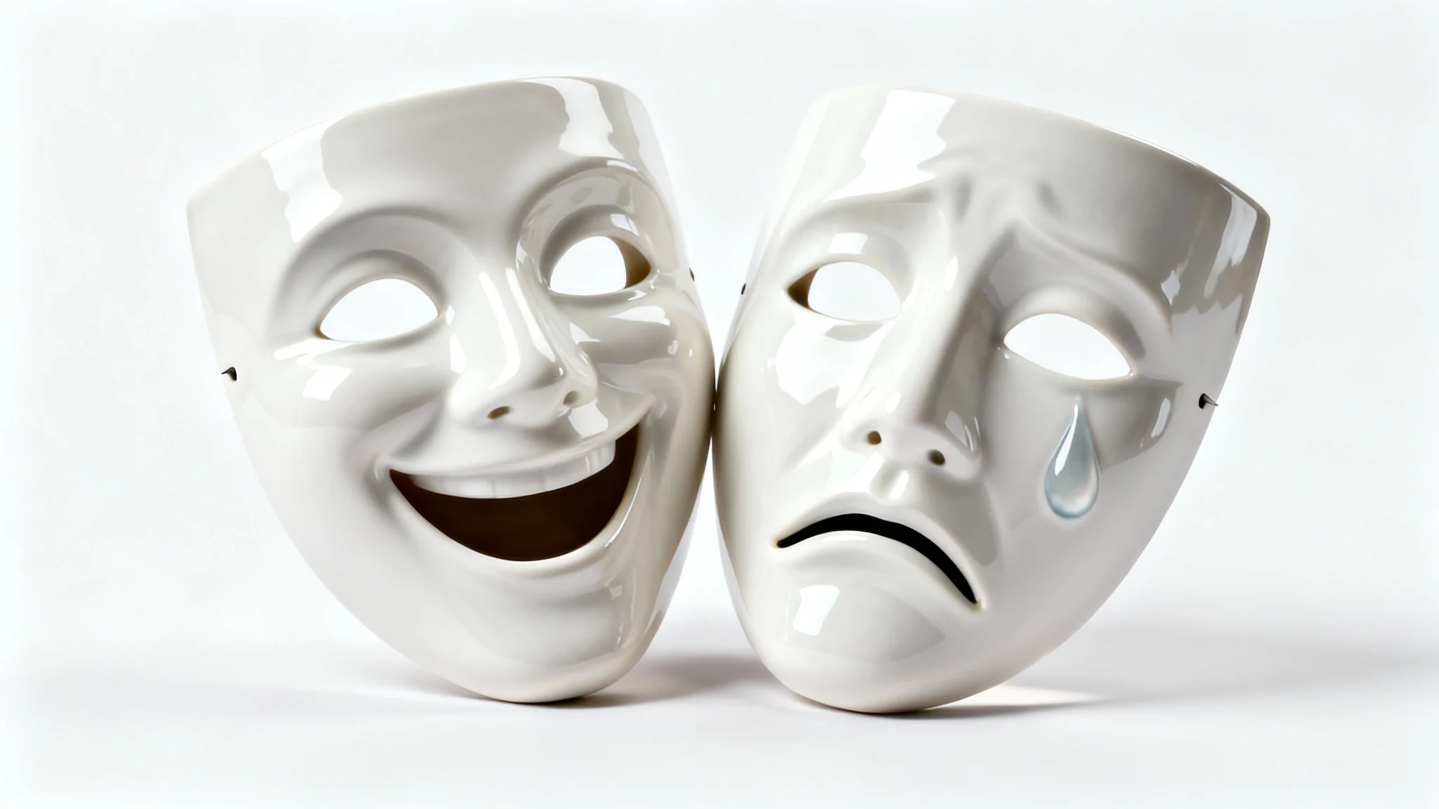 A studio-lit product photograph of the classic comedy and tragedy theatre masks, made of glossy white material, displayed side-by-side on a plain white background.