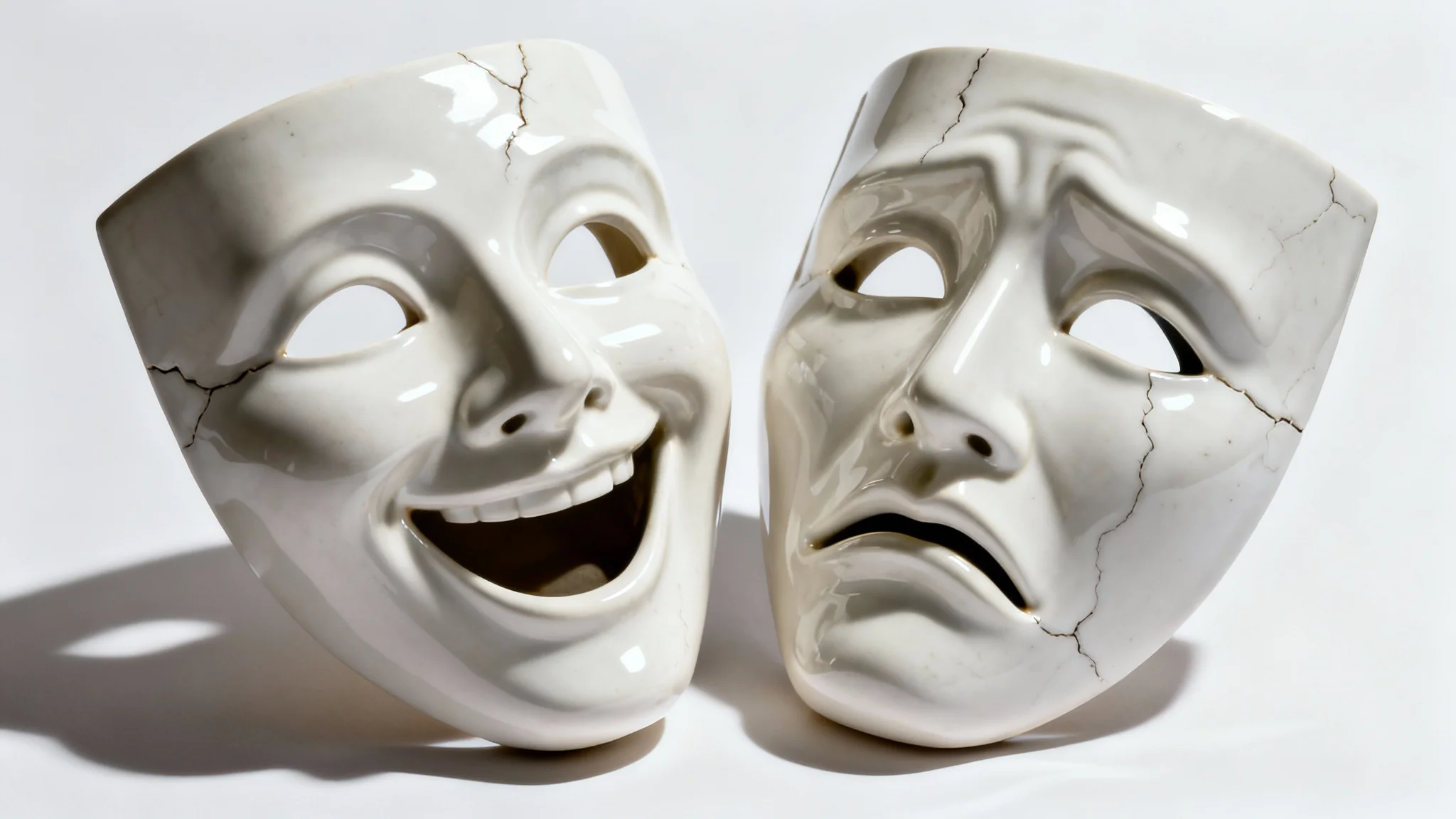 A photorealistic depiction of the classic white comedy and tragedy theatre masks, positioned next to each other on a clean white background, with dramatic lighting highlighting their expressions.