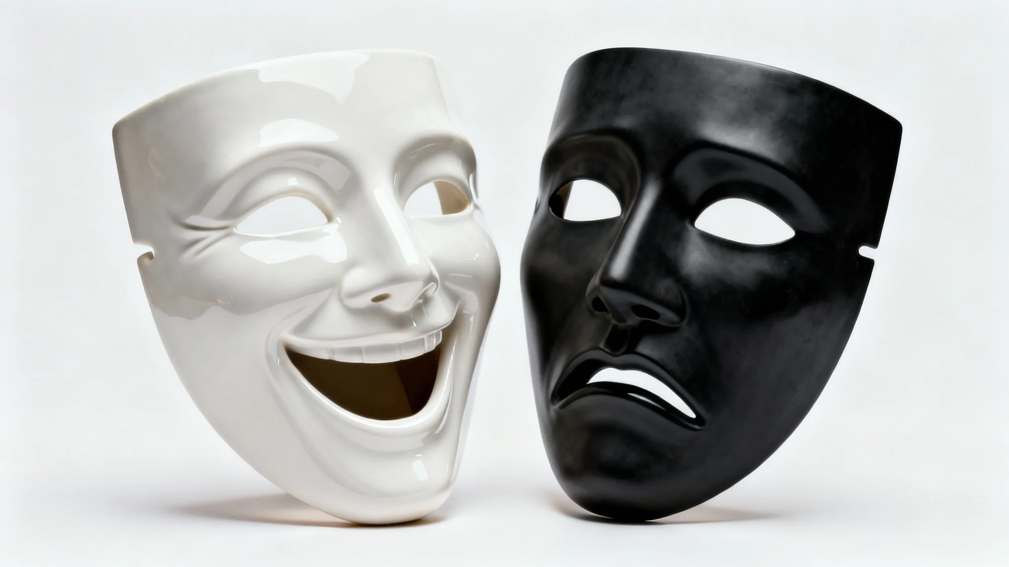A photorealistic mockup of the classic theatre masks for comedy and tragedy, a glossy white smiling mask next to a matte black frowning mask, on a clean white background.