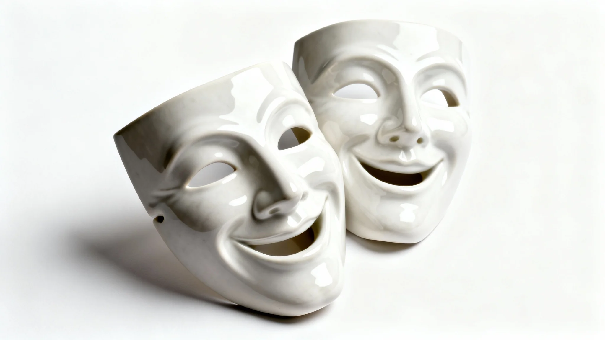 A pair of classic theatre masks representing comedy and tragedy, made of white porcelain and set against a plain white background.