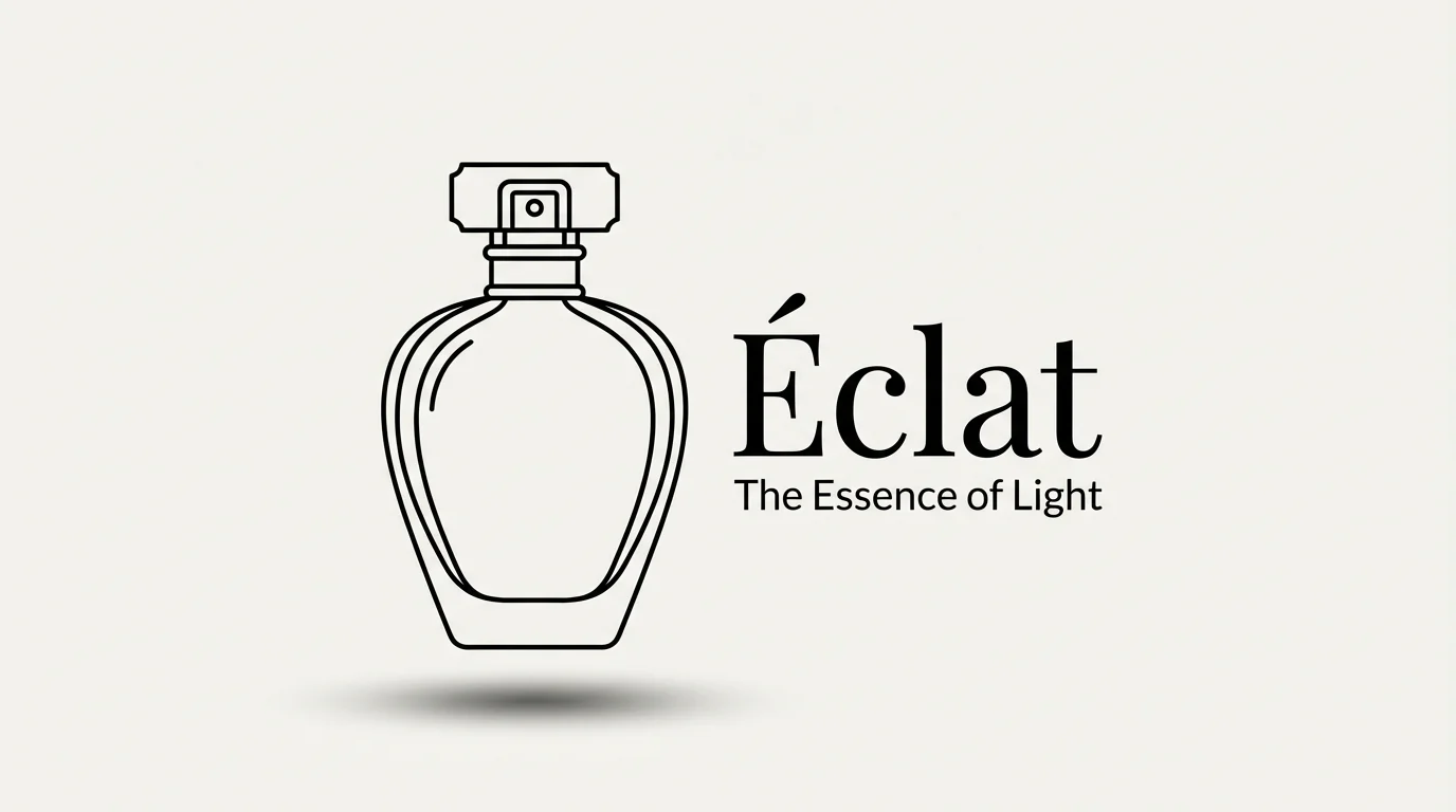 A final design for a perfume advertisement, showing a black outline of a perfume bottle next to the words 'Éclat' and 'The Essence of Light' on a clean, off-white background.