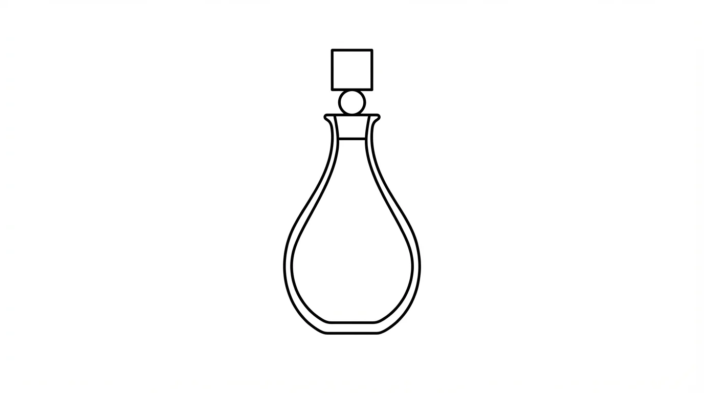 A minimalist black outline of an elegant perfume bottle with a stopper, presented as a clean vector graphic on a solid white background.