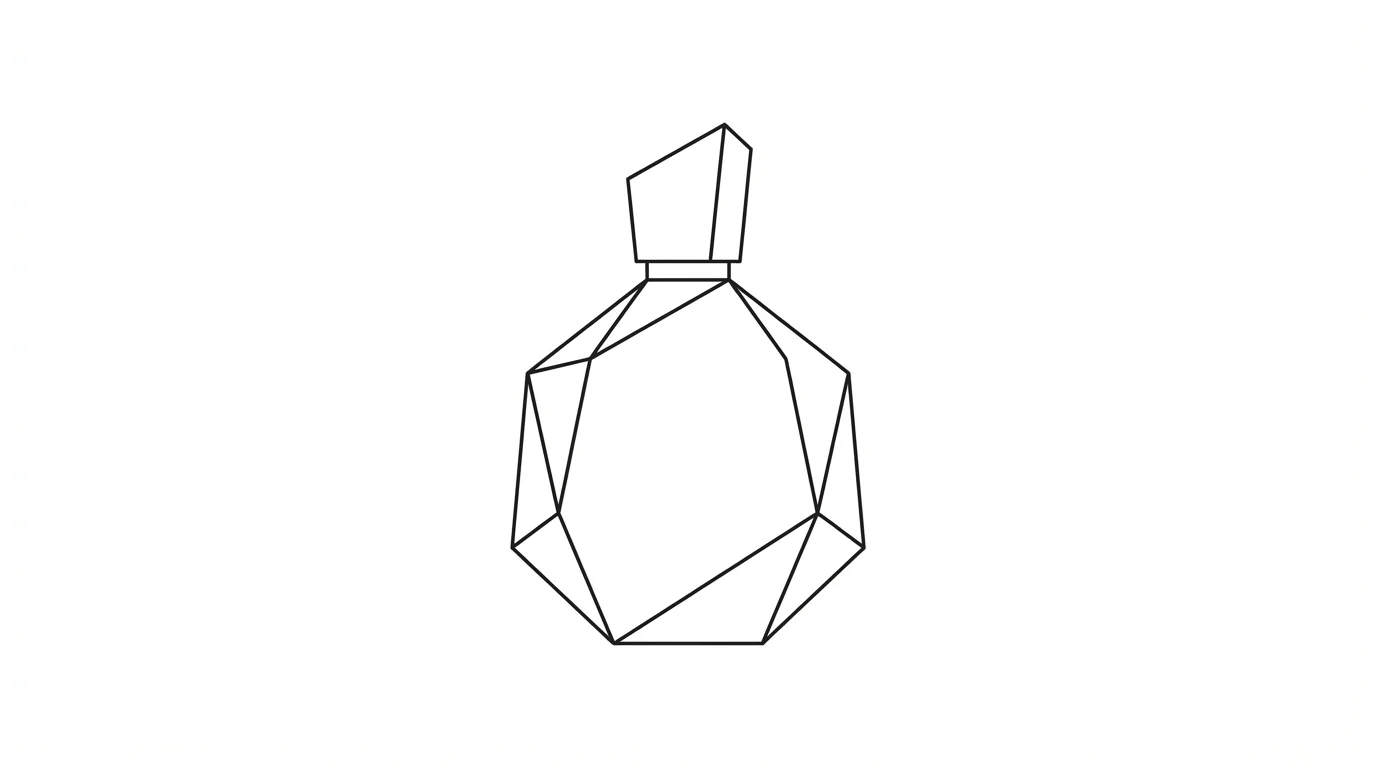 A simple black outline drawing of a modern, geometric perfume bottle on a solid white background.