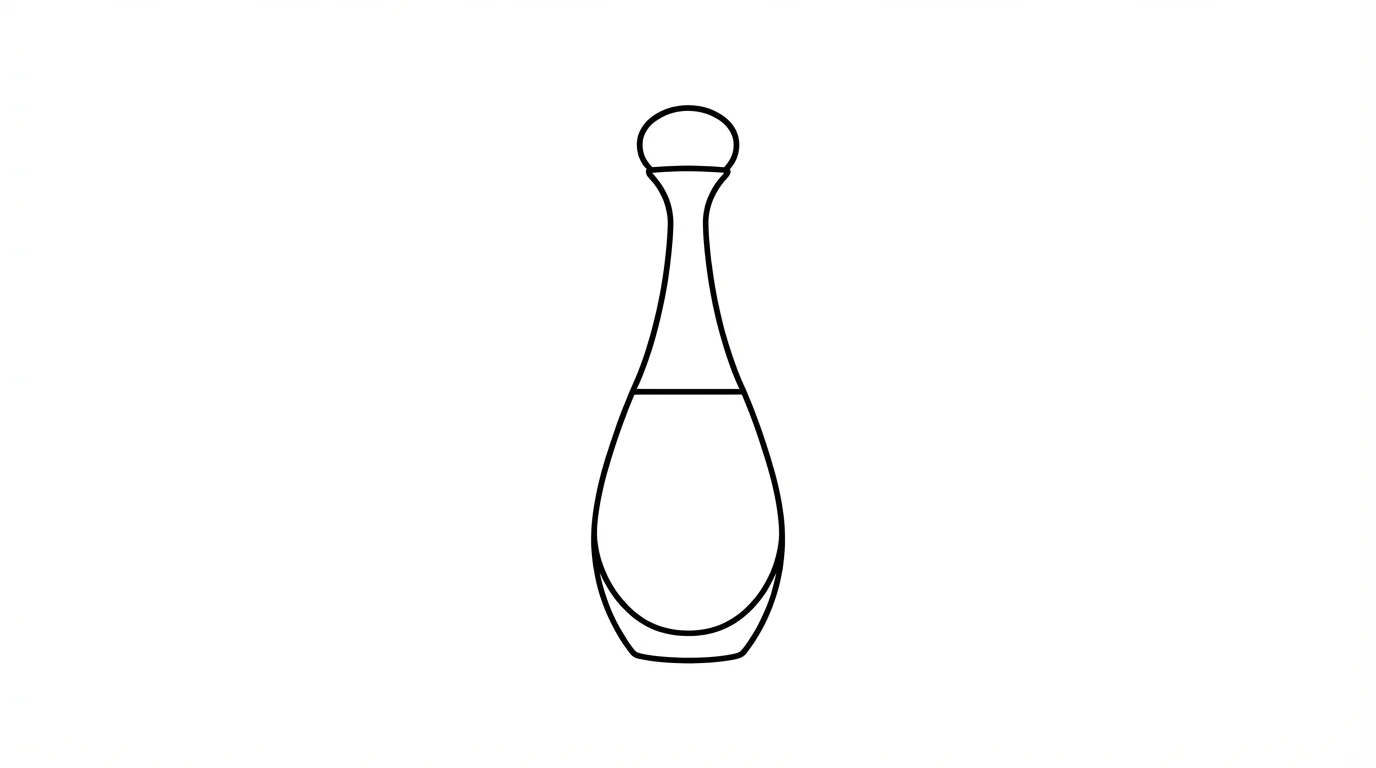 A minimalist black and white outline of an elegant perfume bottle, shown as a clean vector-style illustration on a plain white background.