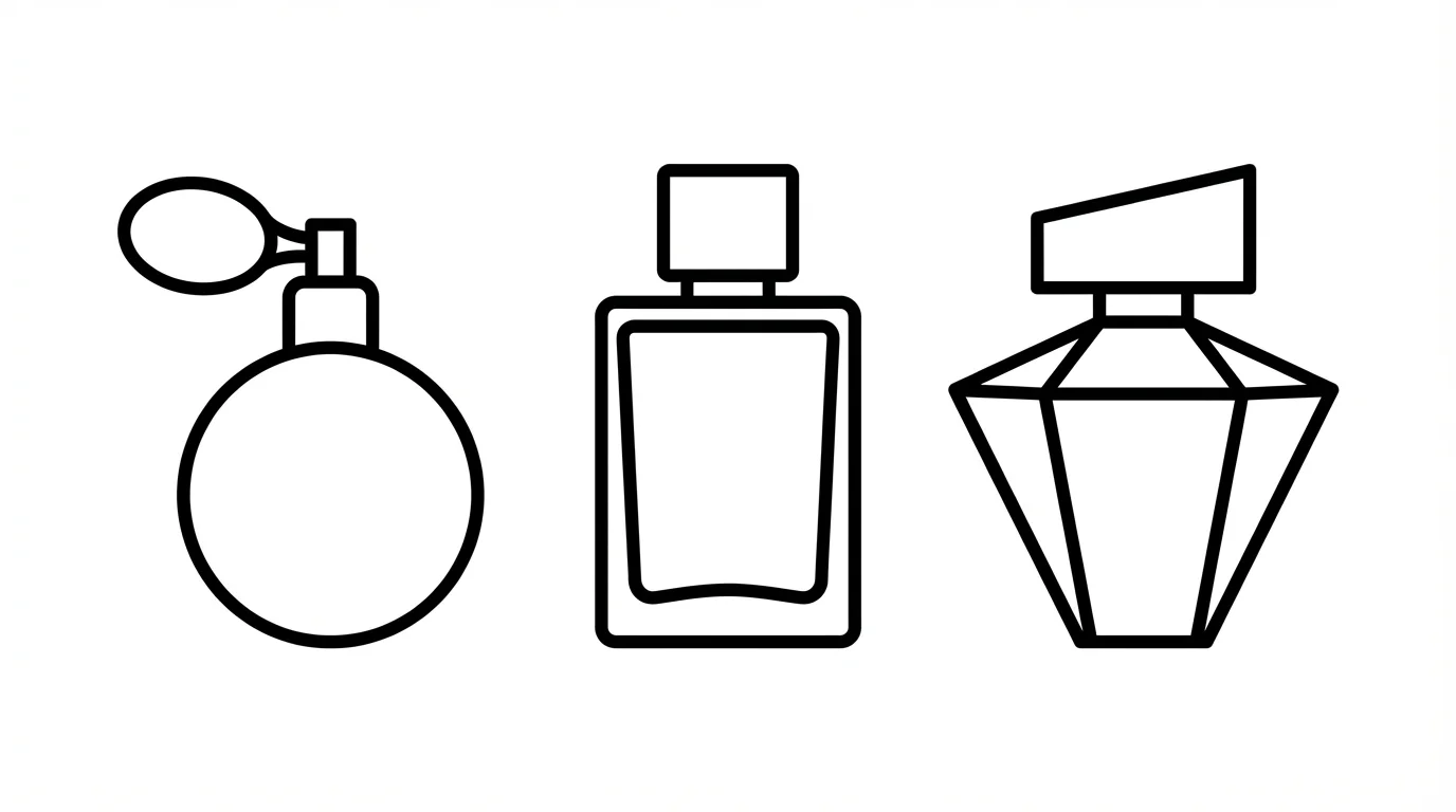 A clean line art illustration of three different perfume bottle outlines, one rectangular, one spherical, and one geometric, arranged on a plain white background.