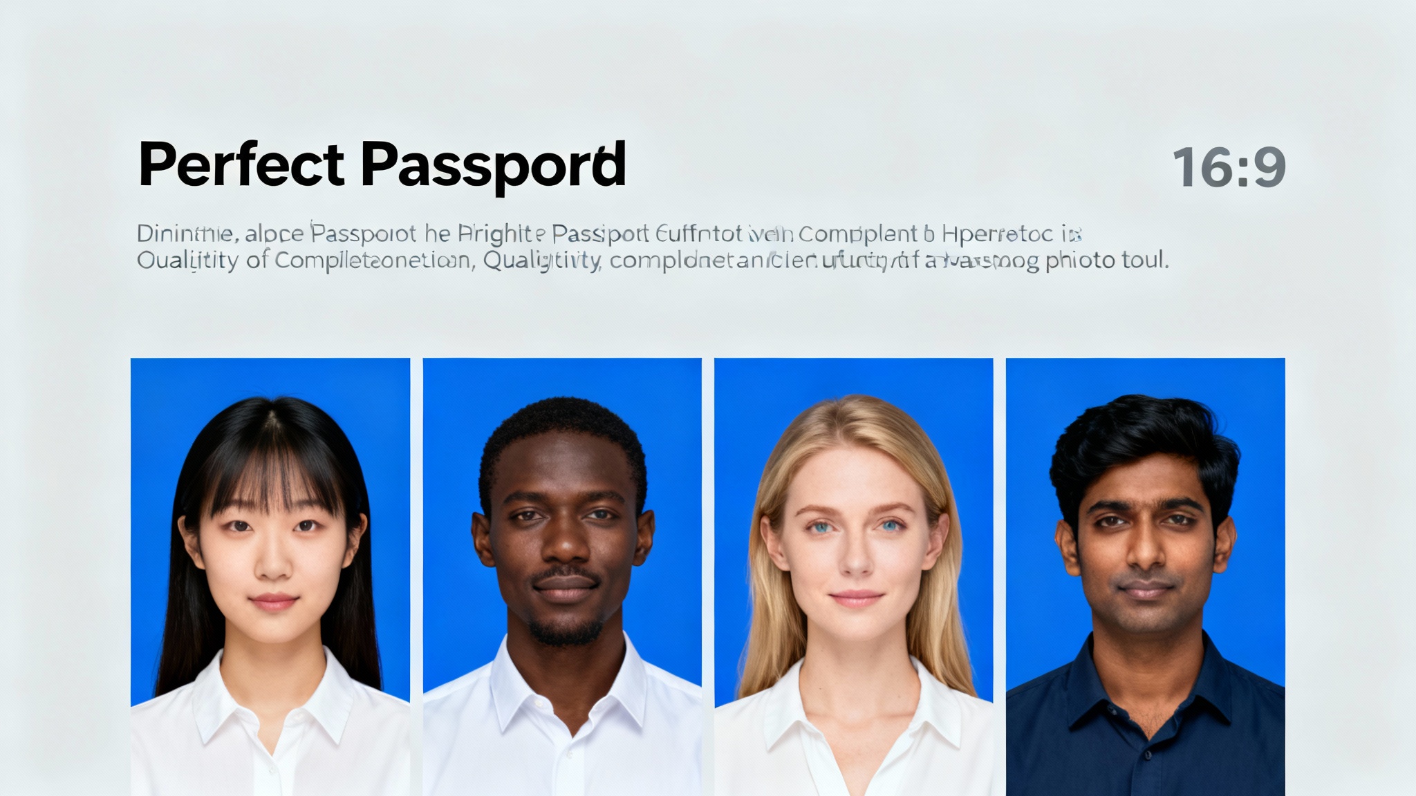 A grid of four professional passport photos showing diverse people, each with a perfectly edited, solid blue background, representing the final result of a photo editing tool.