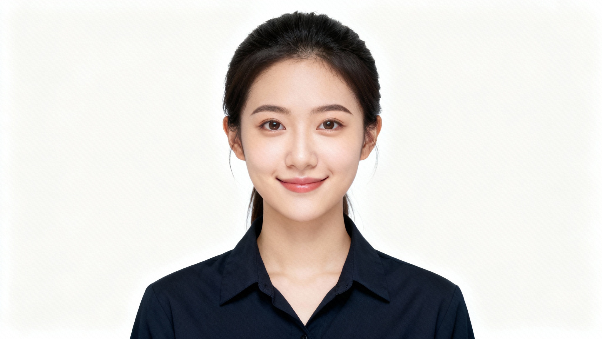 A professional passport-style photo of a woman with a plain, solid blue background, serving as a mockup for a passport photo service.