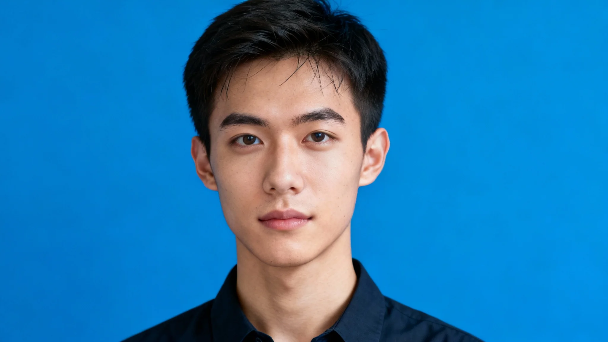 A professional passport photo mockup of a man with a neutral expression, set against a solid royal blue background.