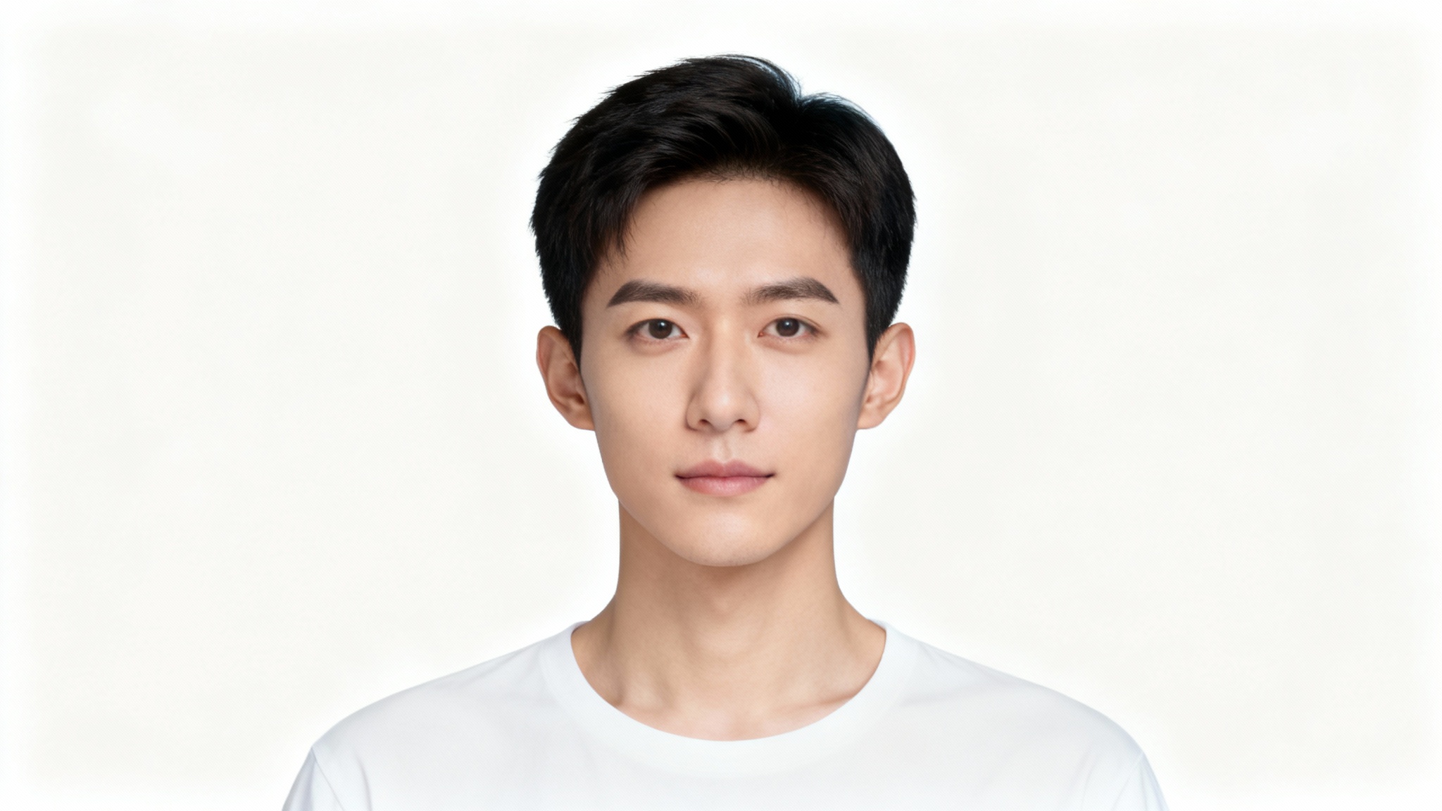 A professional headshot mockup of a person with a neutral expression, perfectly centered and lit, set against a solid blue background for a passport photo.