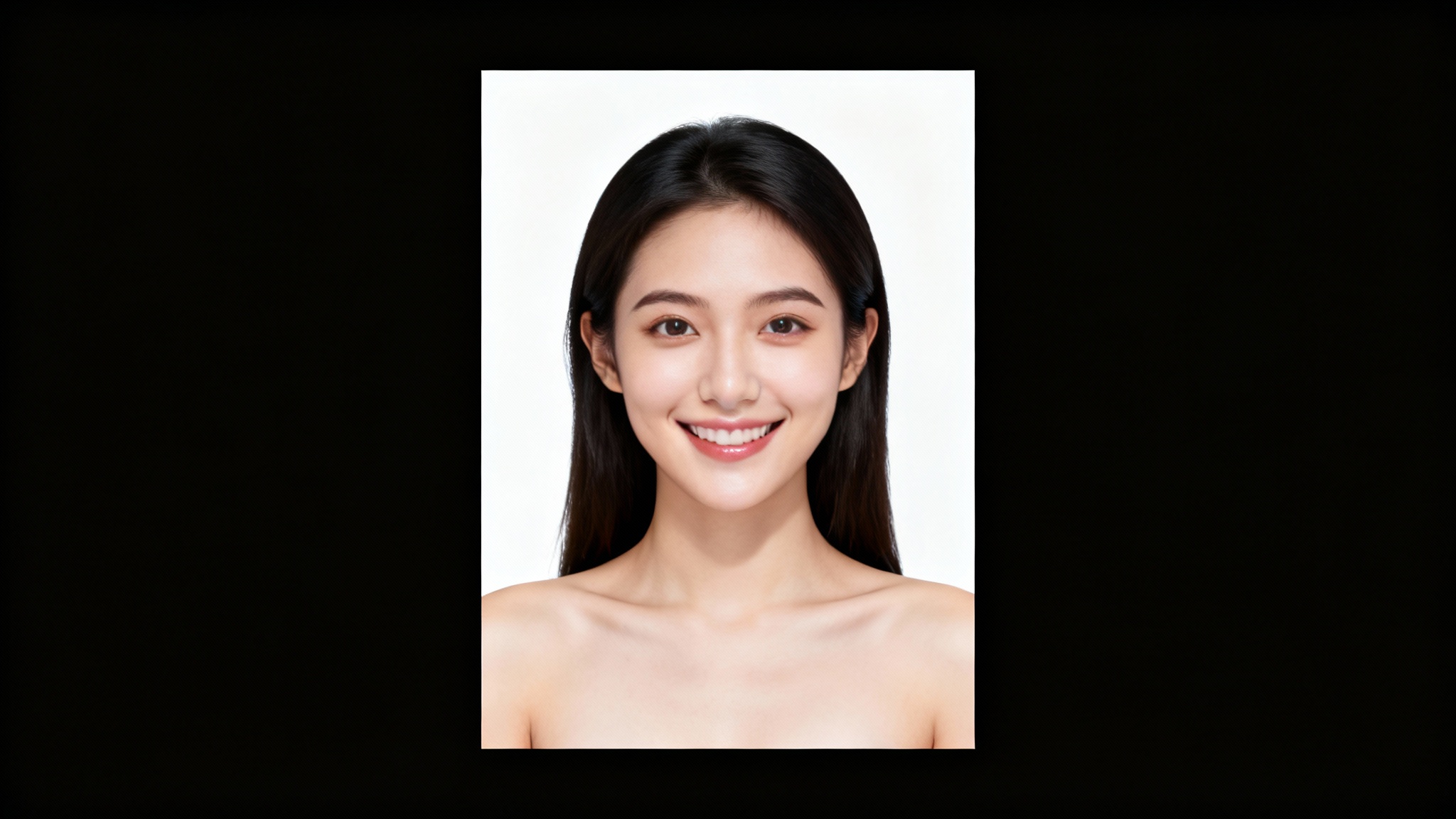 A mockup of a professional passport photo of a woman, featuring a perfect, solid royal blue background, placed on a white surface.