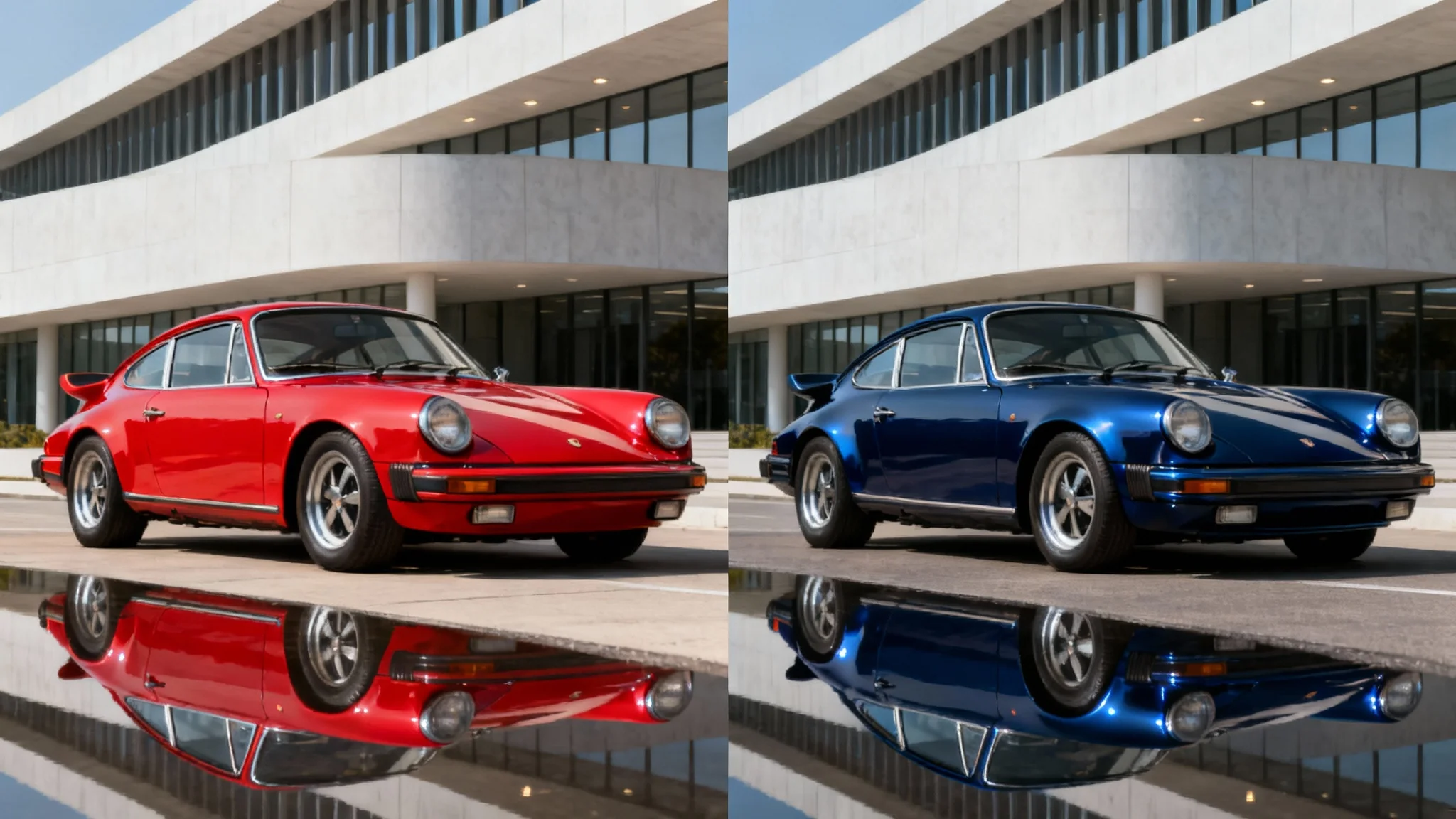 A split-screen image demonstrating a color changer tool. The left side shows a classic red sports car, and the right side shows the exact same car but its color has been changed to metallic blue.