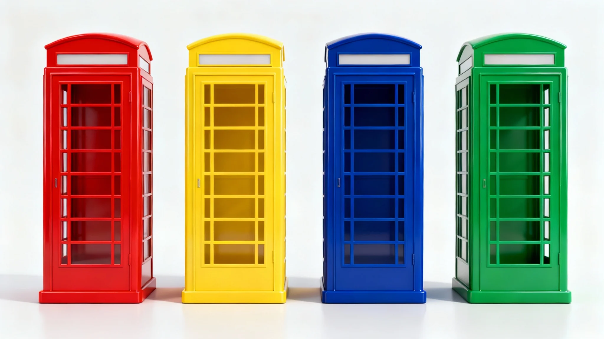 A row of four identical classic telephone boxes, each in a different vibrant color (red, yellow, blue, green) against a clean white background, demonstrating a color change effect.