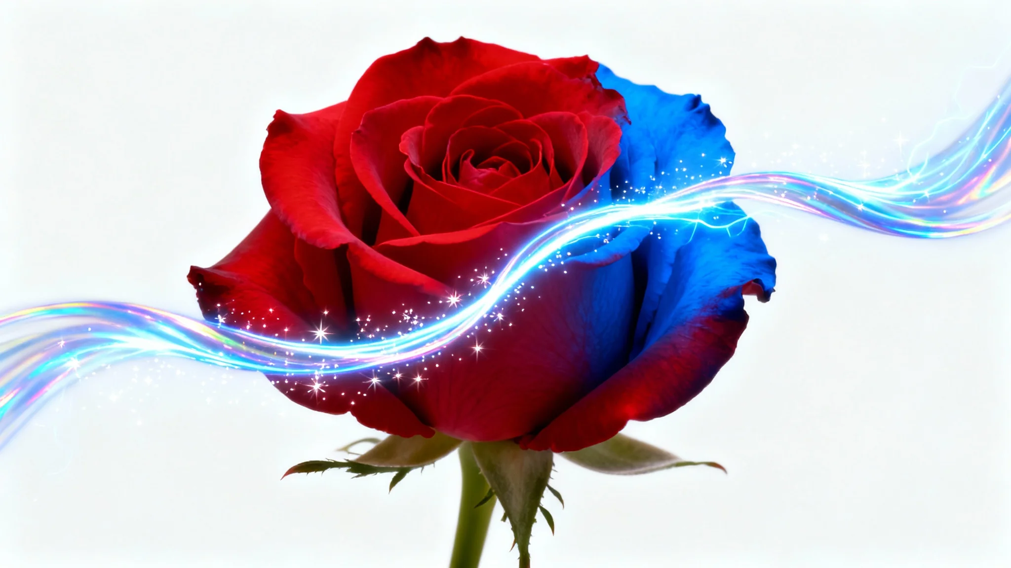 A realistic red rose against a white background being transformed into a vibrant blue color by a wave of magical light, demonstrating an image color changer effect.