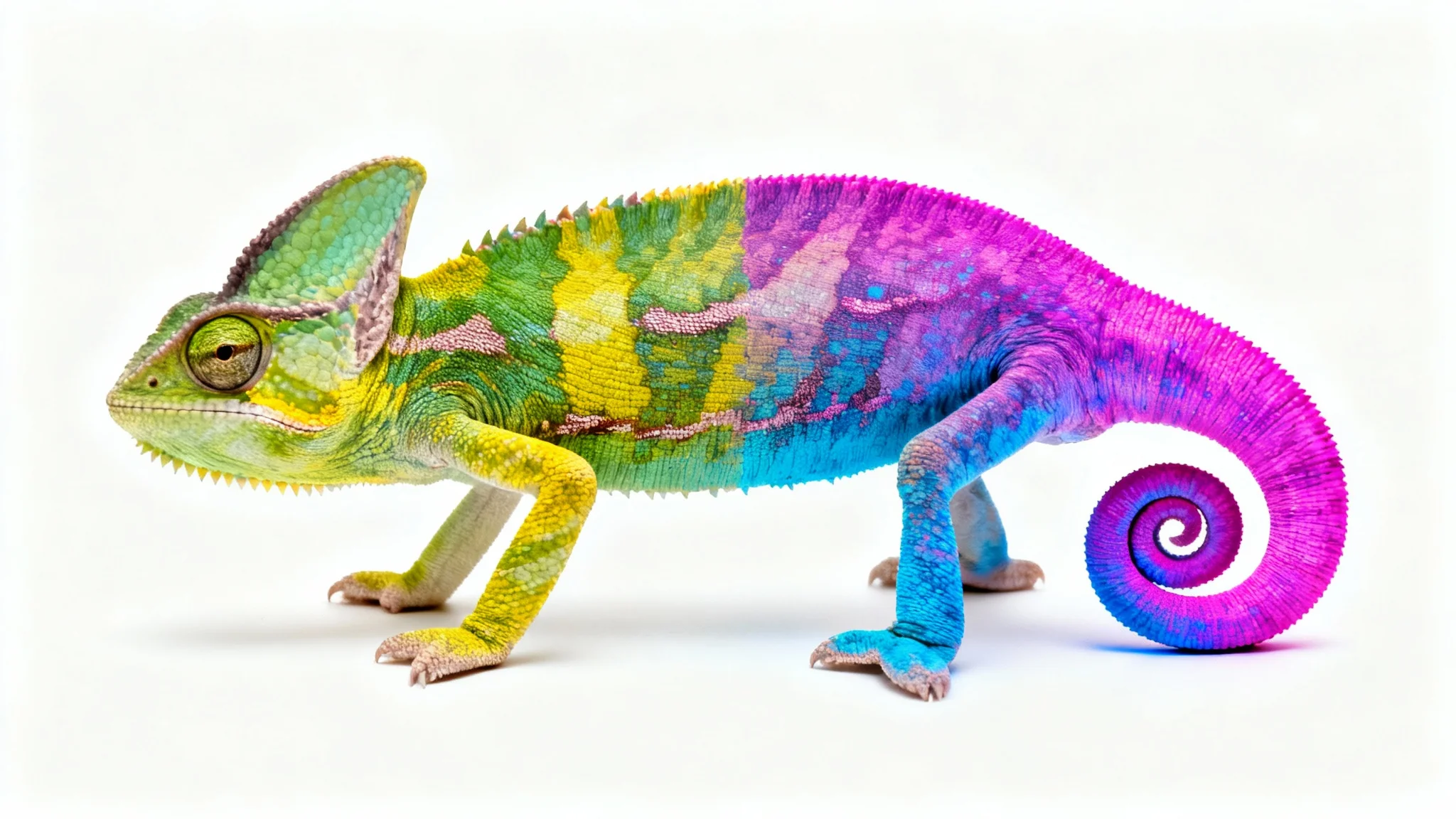 A photorealistic chameleon on a white background, demonstrating a color change effect. The front half is its natural green and yellow color, while the back half is a vibrant magenta and blue.