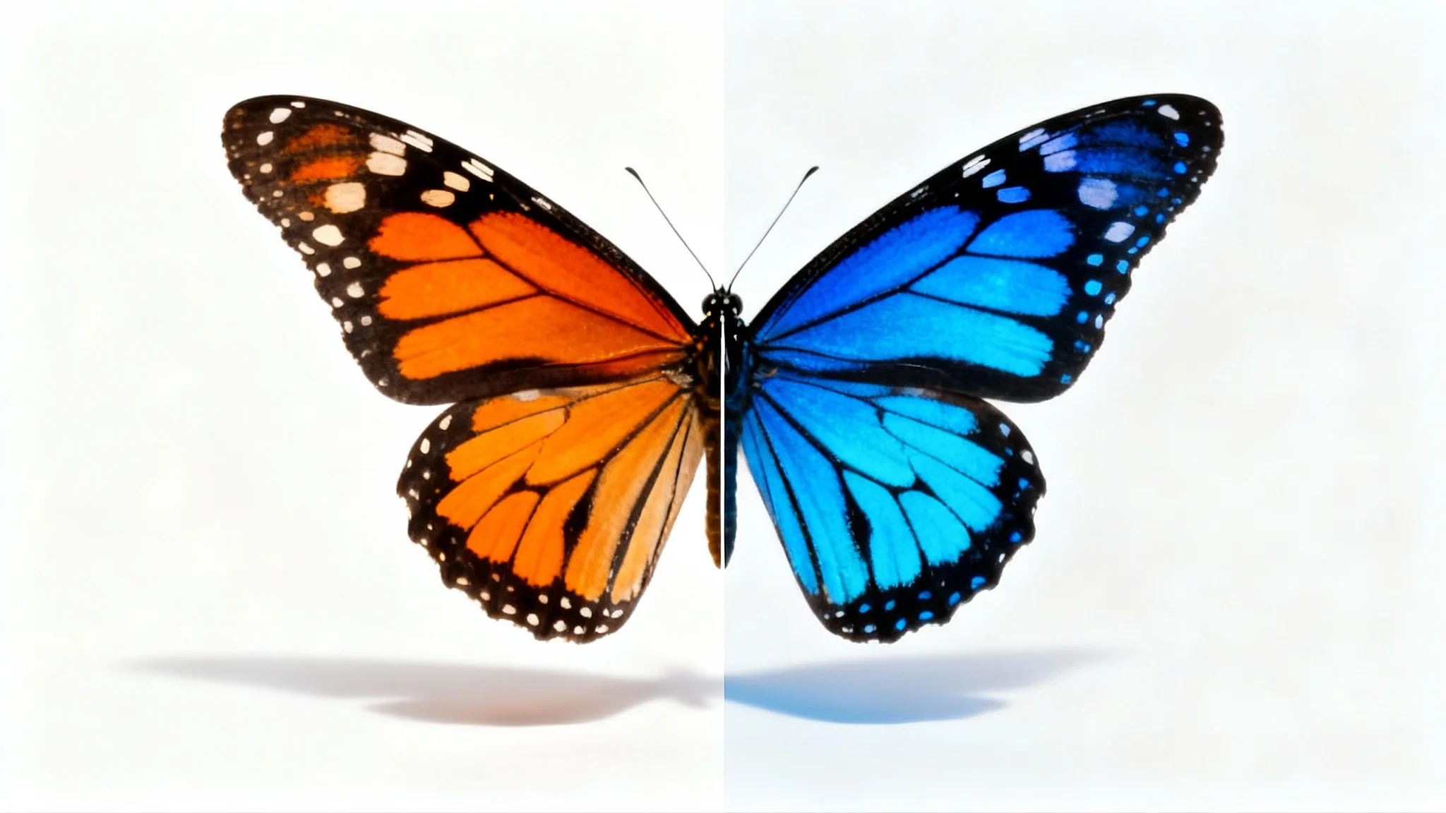 A conceptual image of a Monarch butterfly, symbolizing an image color changer. The butterfly is split in two, with the left side showing its natural orange and the right side altered to a vibrant blue, all on a clean white background.