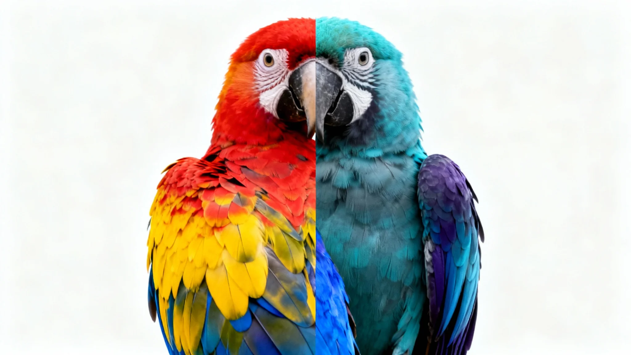 A visual demonstration of an image color changer, showing a parrot split in half. The left side has the parrot's natural vibrant red and yellow colors, while the right side has been altered to cool blue and purple tones.