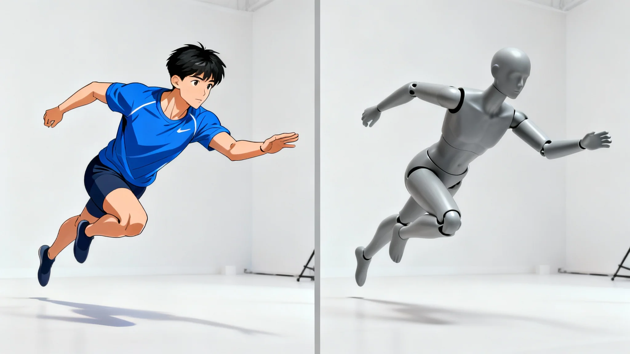 A side-by-side comparison showing a pose reference tool's result. On the left is a digital illustration of a man leaping. On the right is a 3D artist's mannequin in the exact same leaping pose, demonstrating the tool's ability to create 3D models from images.