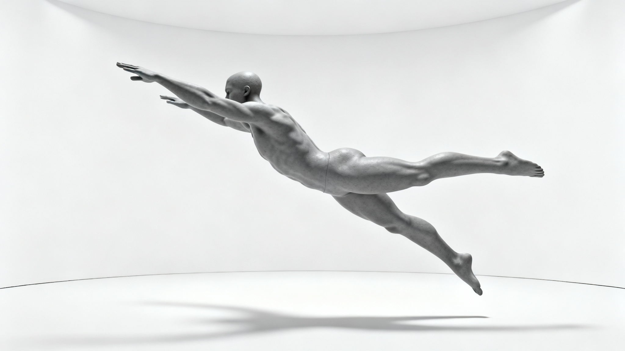 A digital render of a featureless, athletic figure in a dramatic leaping pose, designed as a reference for artists, set against a white background.