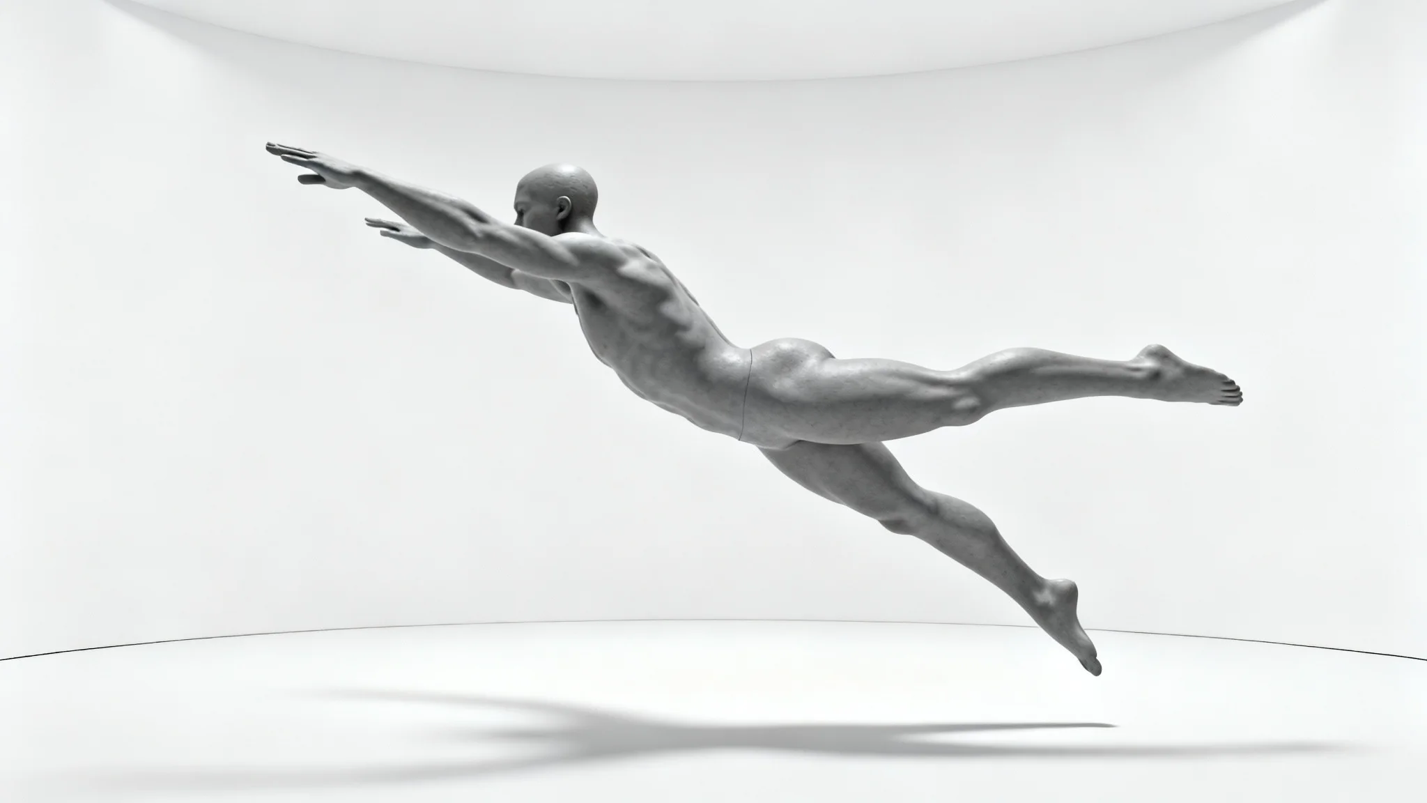 A digital render of a featureless, athletic figure in a dramatic leaping pose, designed as a reference for artists, set against a white background.