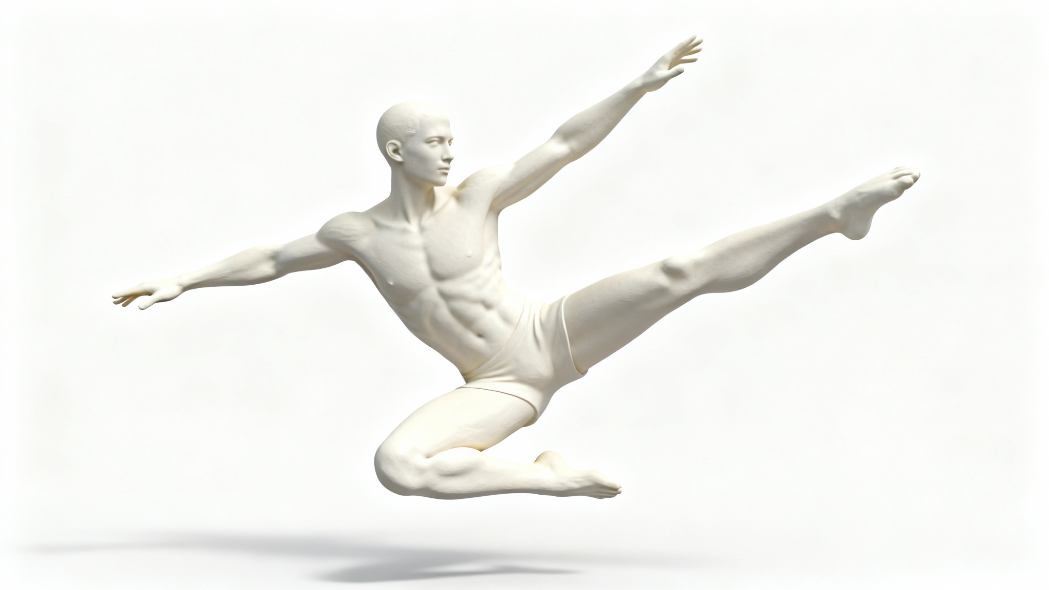 A 3D rendered, featureless mannequin in a dynamic mid-air kicking pose, designed as a reference for artists, isolated on a white background.