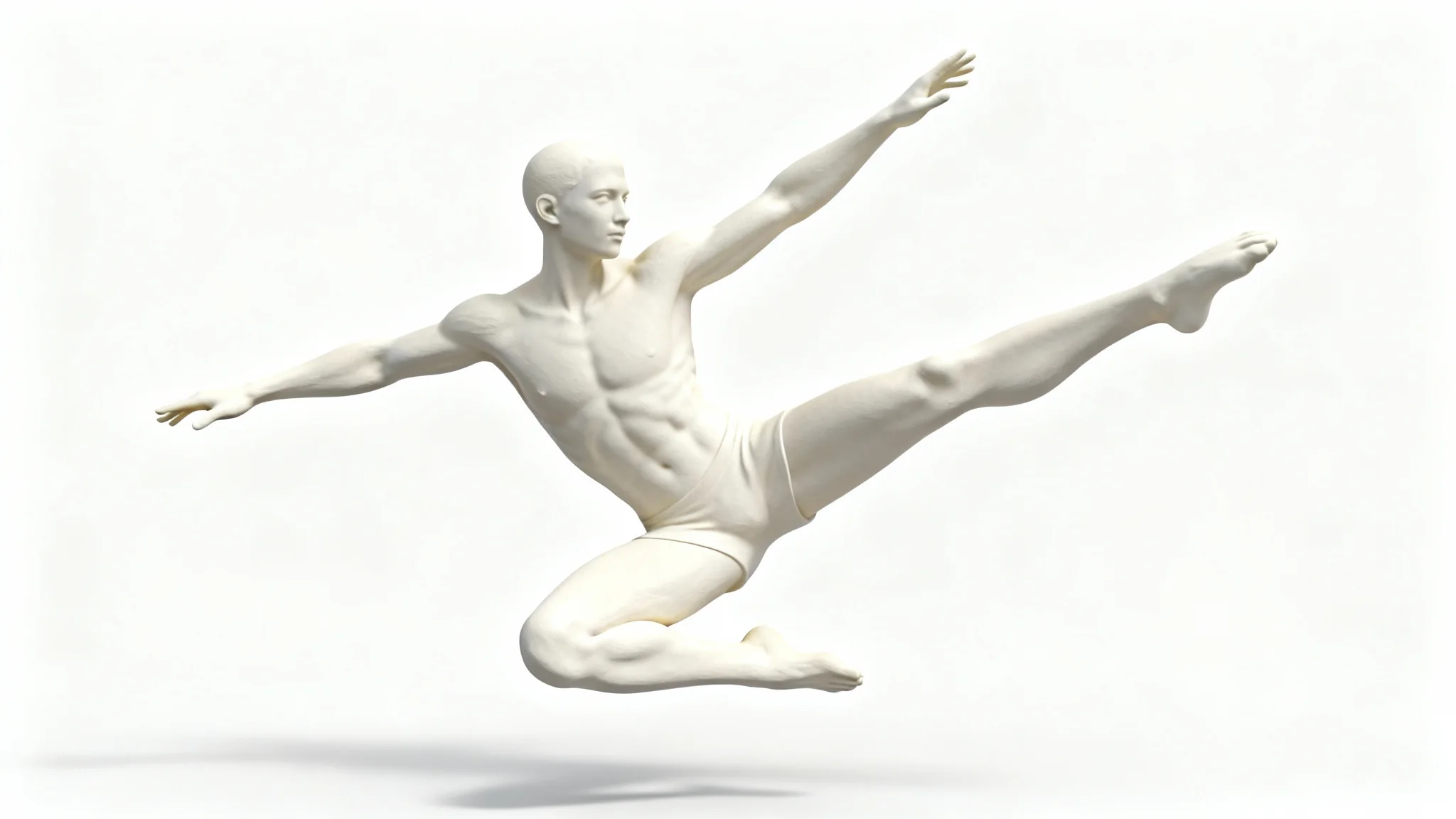 A 3D rendered, featureless mannequin in a dynamic mid-air kicking pose, designed as a reference for artists, isolated on a white background.