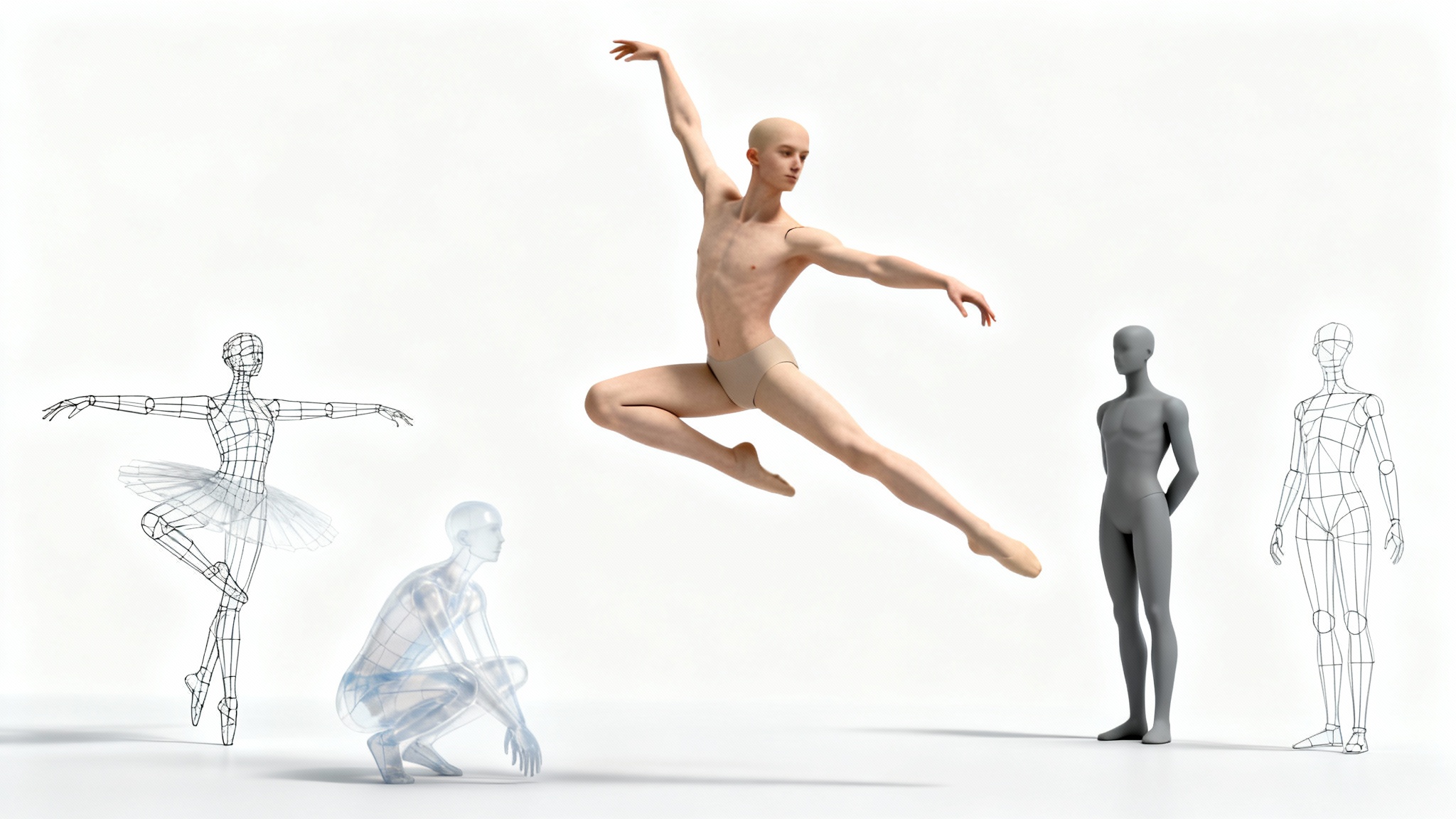 A collection of 3D-rendered mannequins in various dynamic and static poses, designed for artistic reference, displayed on a clean white background.