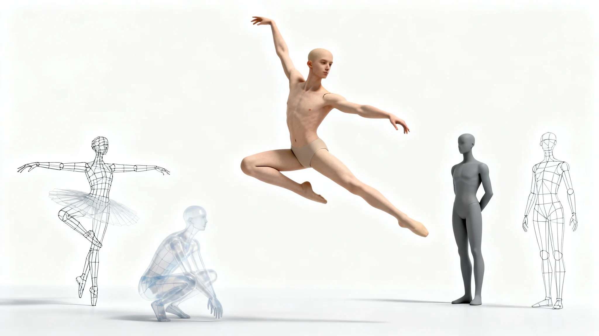 A collection of 3D-rendered mannequins in various dynamic and static poses, designed for artistic reference, displayed on a clean white background.