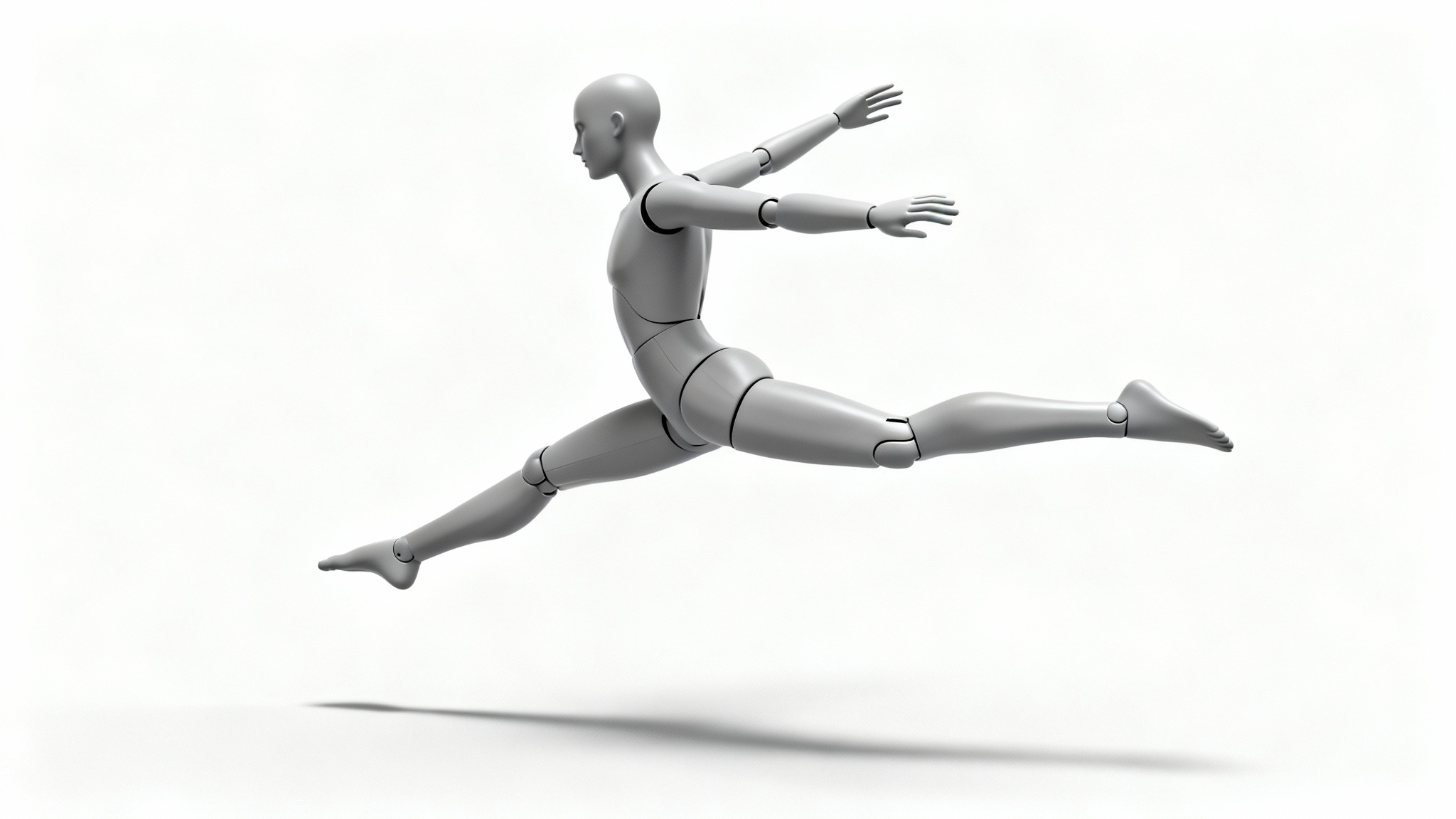 A minimalist, grey, gender-neutral mannequin in a dynamic leaping pose for artistic reference, set against a plain white background.