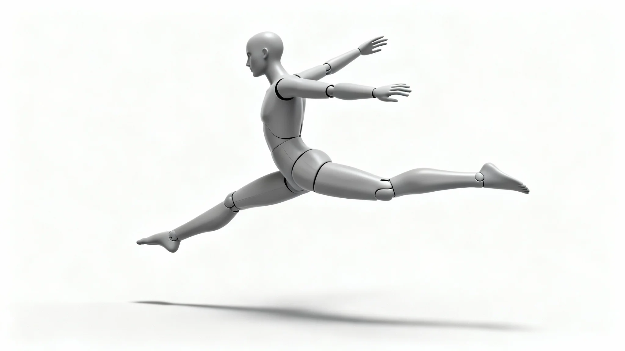 A minimalist, grey, gender-neutral mannequin in a dynamic leaping pose for artistic reference, set against a plain white background.