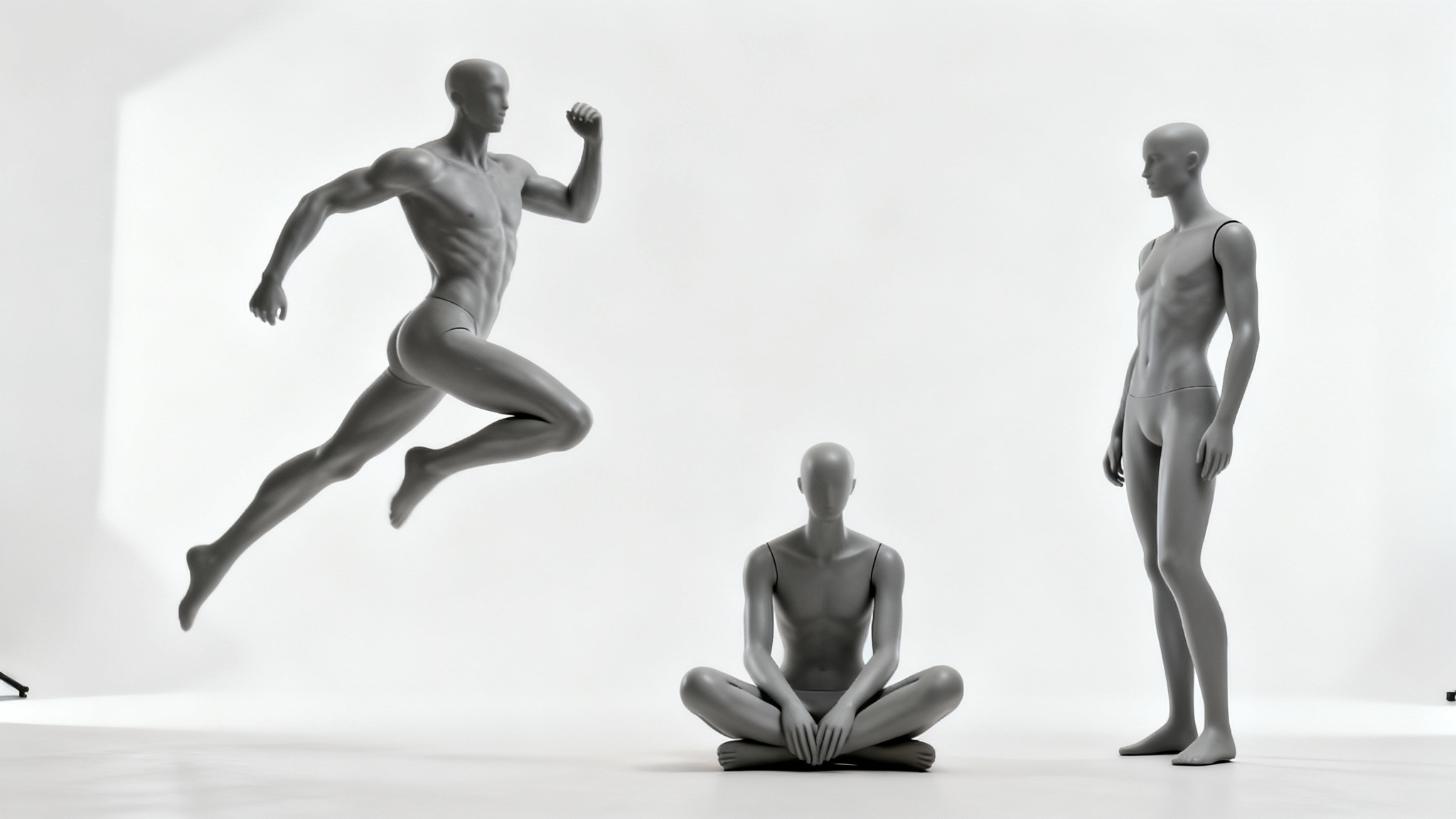 Three gray, gender-neutral artist mannequins demonstrating different poses leaping, sitting, and standing on a clean white background for pose reference.