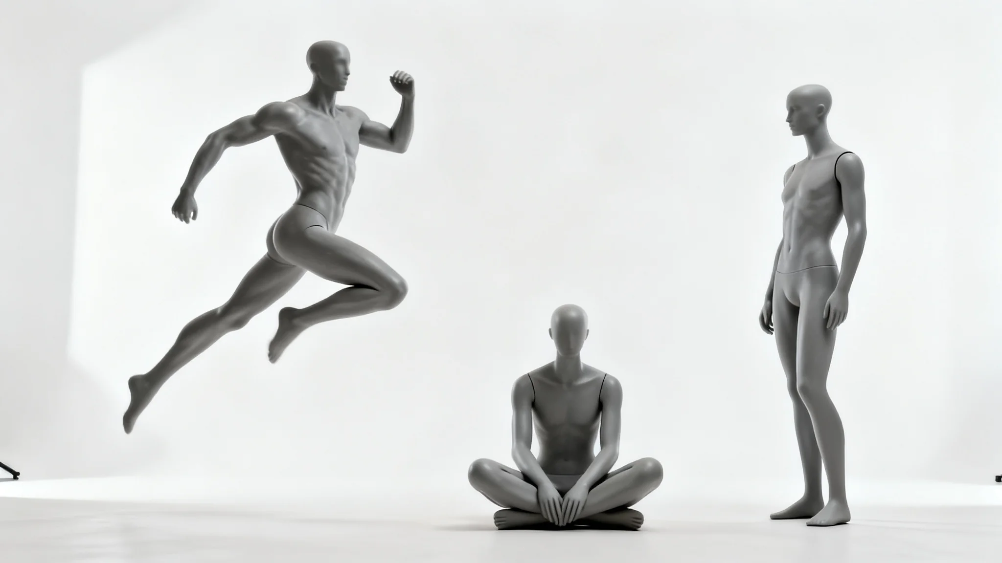 Three gray, gender-neutral artist mannequins demonstrating different poses leaping, sitting, and standing on a clean white background for pose reference.