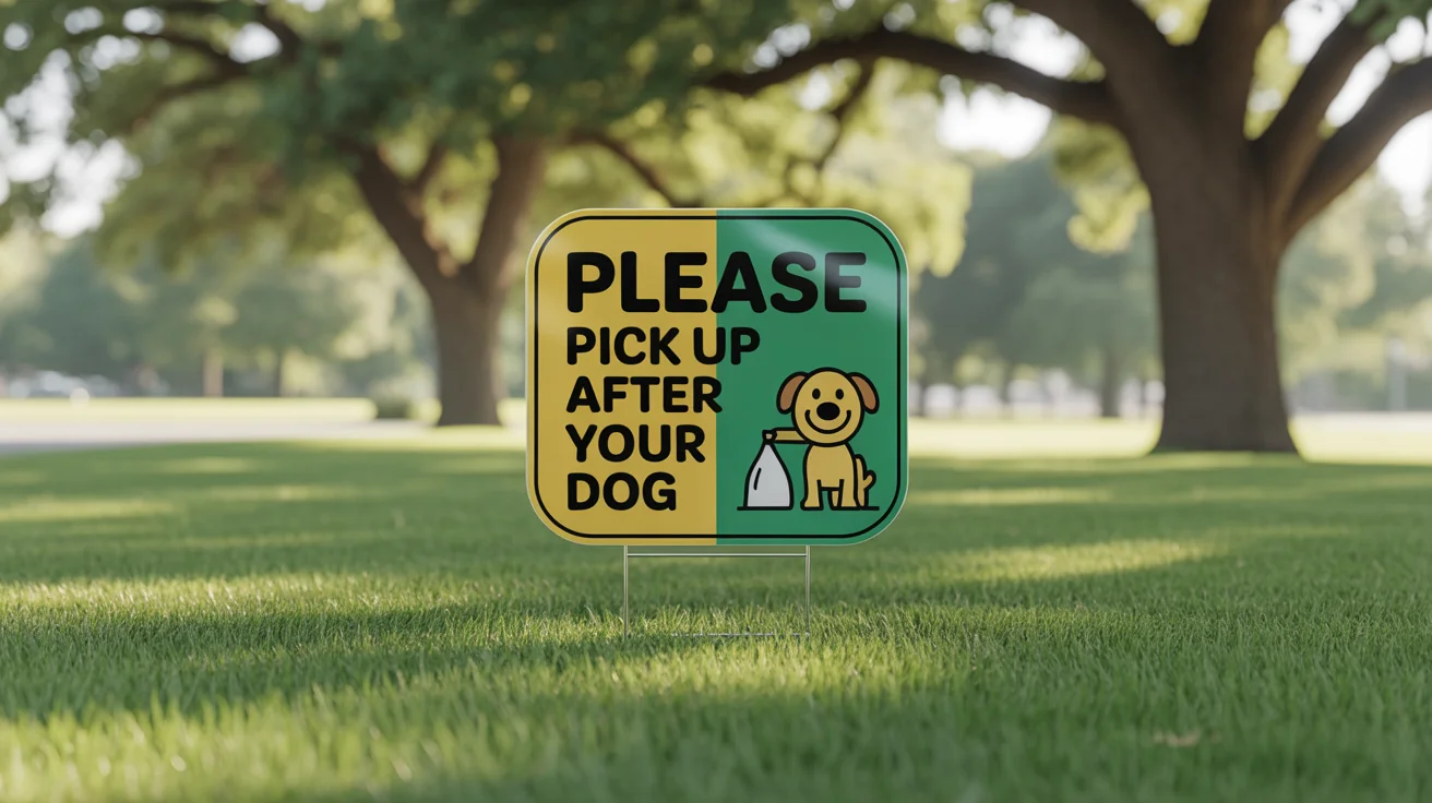 A modern 'Please Pick Up After Your Dog' sign with a cartoon graphic, professionally photographed in a sunny, well-kept park to show the final product.