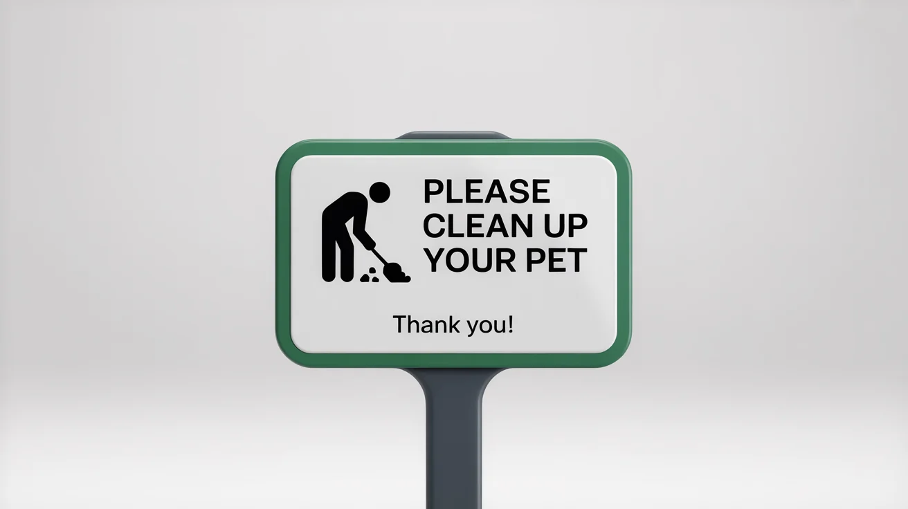 A modern 'please clean up after your pet' yard sign with a graphic of a person scooping poop, shown as a product mockup against a white background.