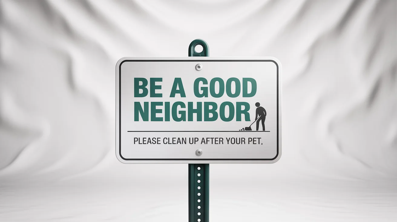A mockup of a yard sign for dog owners that reads 'BE A GOOD NEIGHBOR, Please clean up after your pet,' shown against a white background.